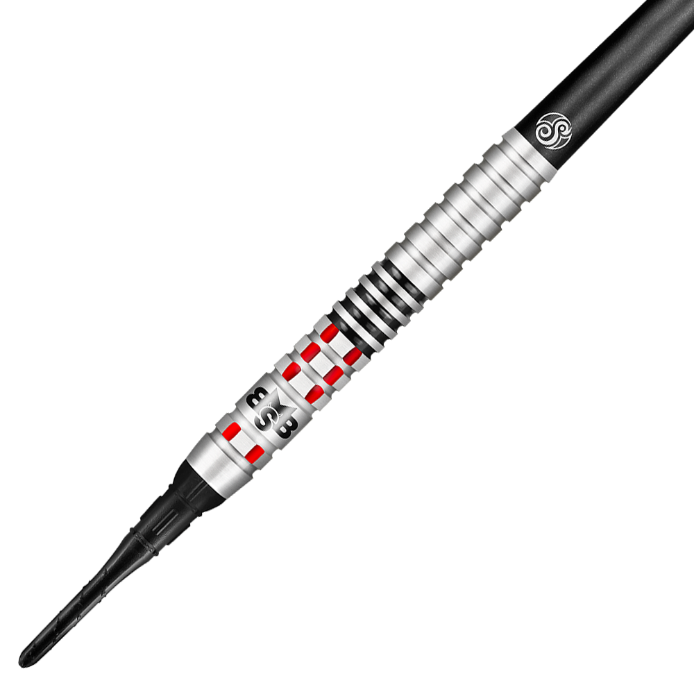 Shot Michael Smith Achieve Softdarts Das Bild zeigt einen Shot Michael Smith Achieve Softdart. Der Dartpfeil ist silberfarben mit roten und schwarzen Akzenten und hat eine strukturierte Griffzone.