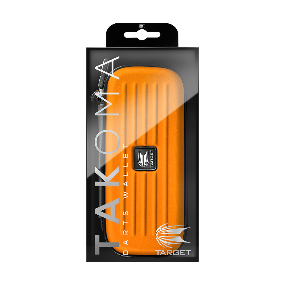 125823_Target_Takoma_Dartwallet_Orange_3 Das Bild zeigt eine orangefarbene Darttasche namens "Target Takoma Dartwallet" in ihrer Verpackung. Auf der Verpackung sind der Markenname Target und der Produktname deutlich zu sehen.