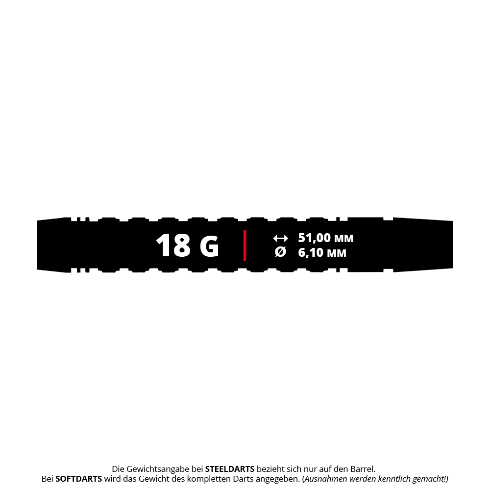 Harrows Luke Woodhouse Series 2 Softdarts - 18g Das Bild zeigt die Maße und das Gewicht des Produkts "Harrows Luke Woodhouse Series 2 Softdarts - 18g". Der Softdart wiegt 18 Gramm, ist 51,00 mm lang und hat einen Durchmesser von 6,10 mm.