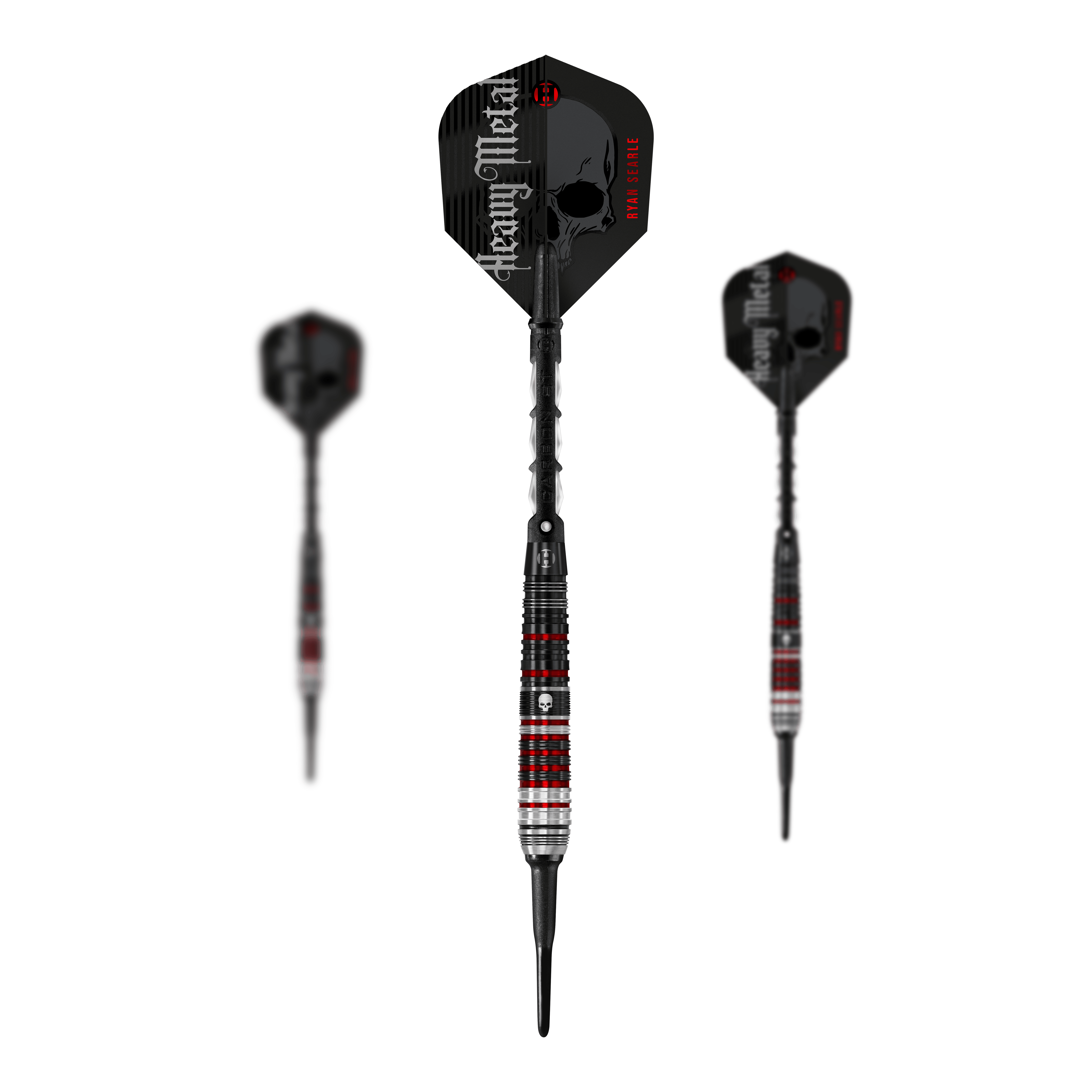 Das Bild zeigt drei Softdarts der Serie "Harrows Ryan Searle Heavy Metal Series 2". Die Darts haben ein schwarzes Design mit roten und silbernen Akzenten sowie einen Schädel auf dem Schaft.