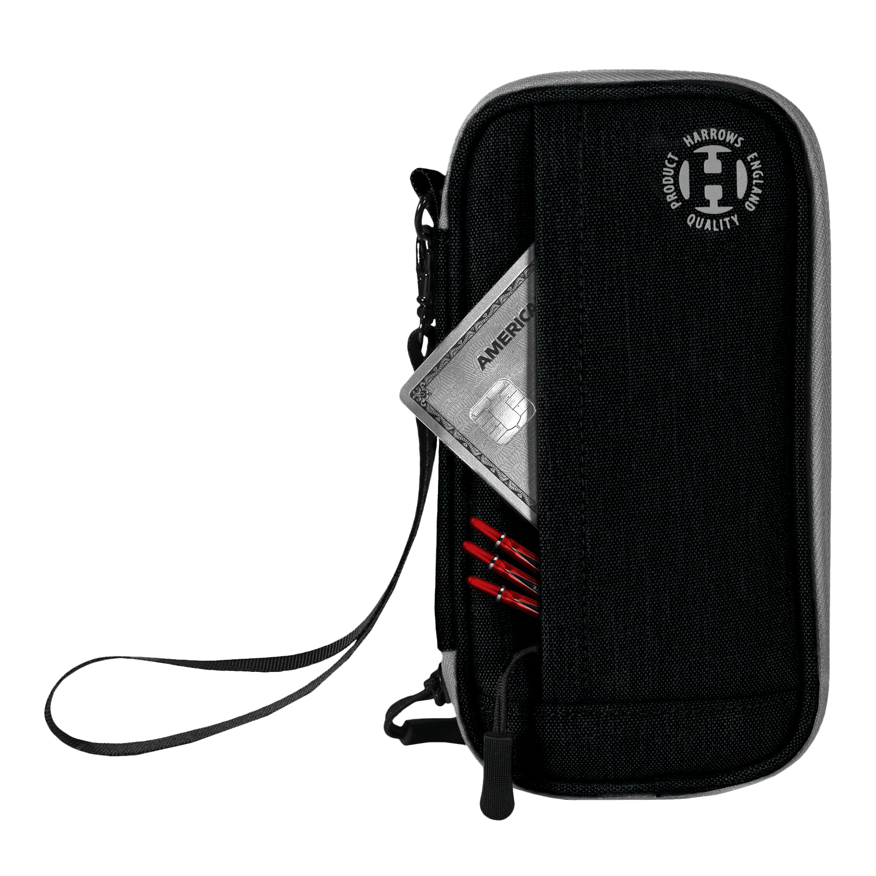 Harrows Smart Case Dartwallet Auf dem Bild ist ein schwarzes Dart-Etui der Marke Harrows zu sehen. In einer Außentasche stecken eine Kreditkarte und mehrere rote Dartspitzen.