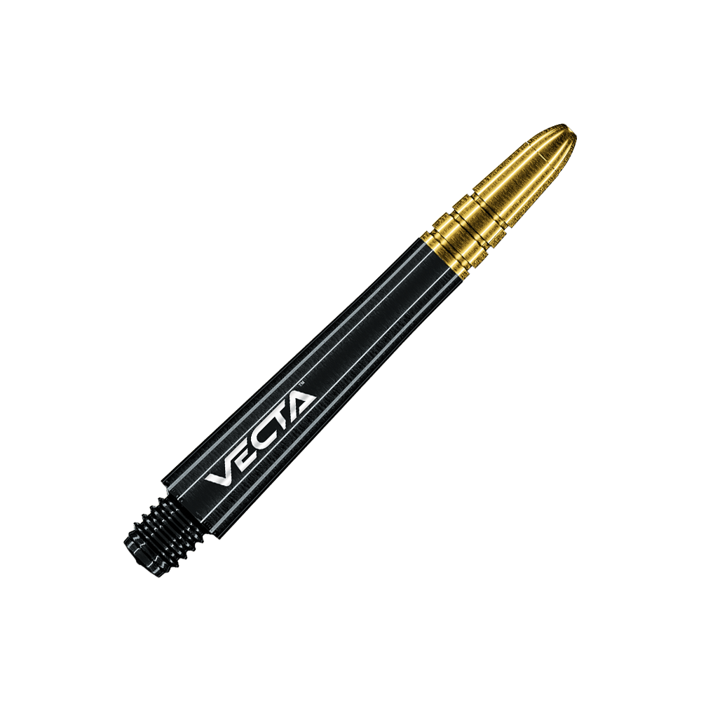 Das Bild zeigt einen schwarz-goldenen Dart-Shaft mit der Aufschrift "VECTA". Der Schaft ist schlank und hat eine glänzende Oberfläche.
