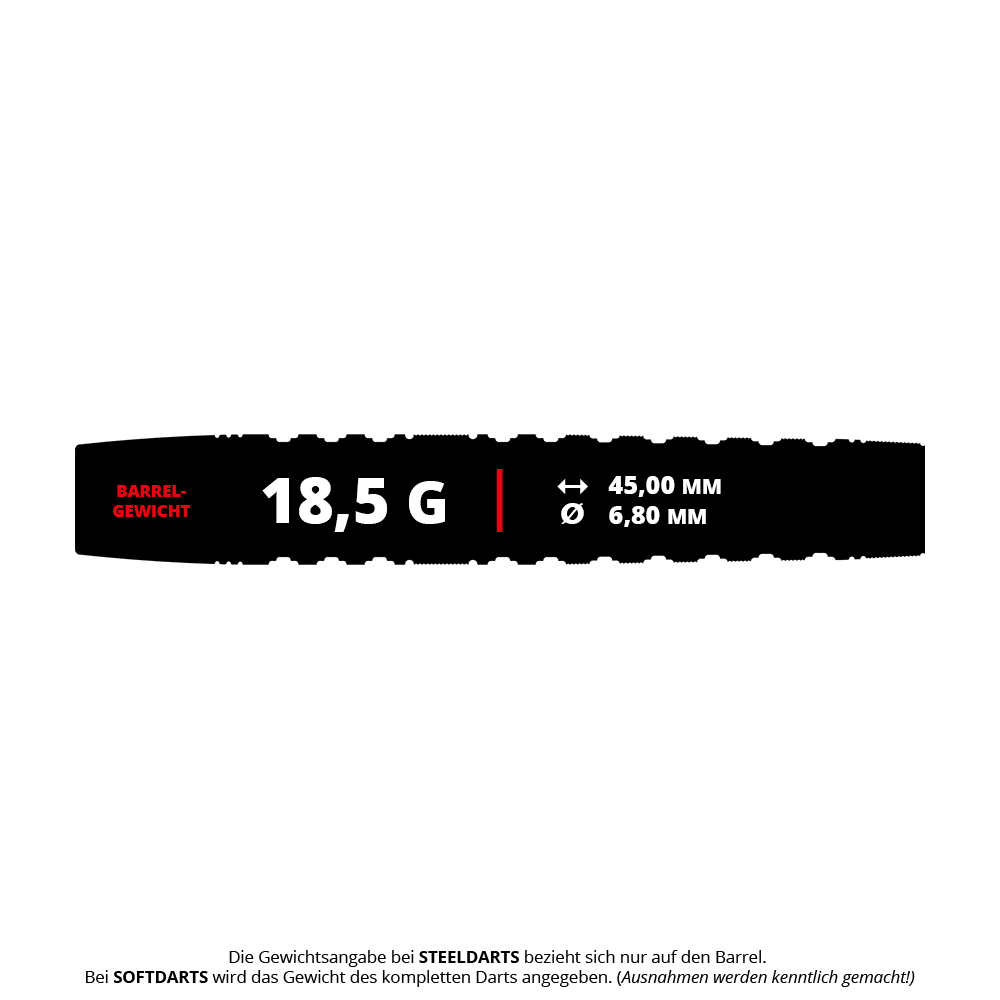 Das Bild zeigt die Produktinformationen der Target Japan Black Marque Lumiere GEN3 Softdarts mit einem Gewicht von 18,5 g. Die Länge beträgt 45,00 mm und der Durchmesser 6,80 mm.