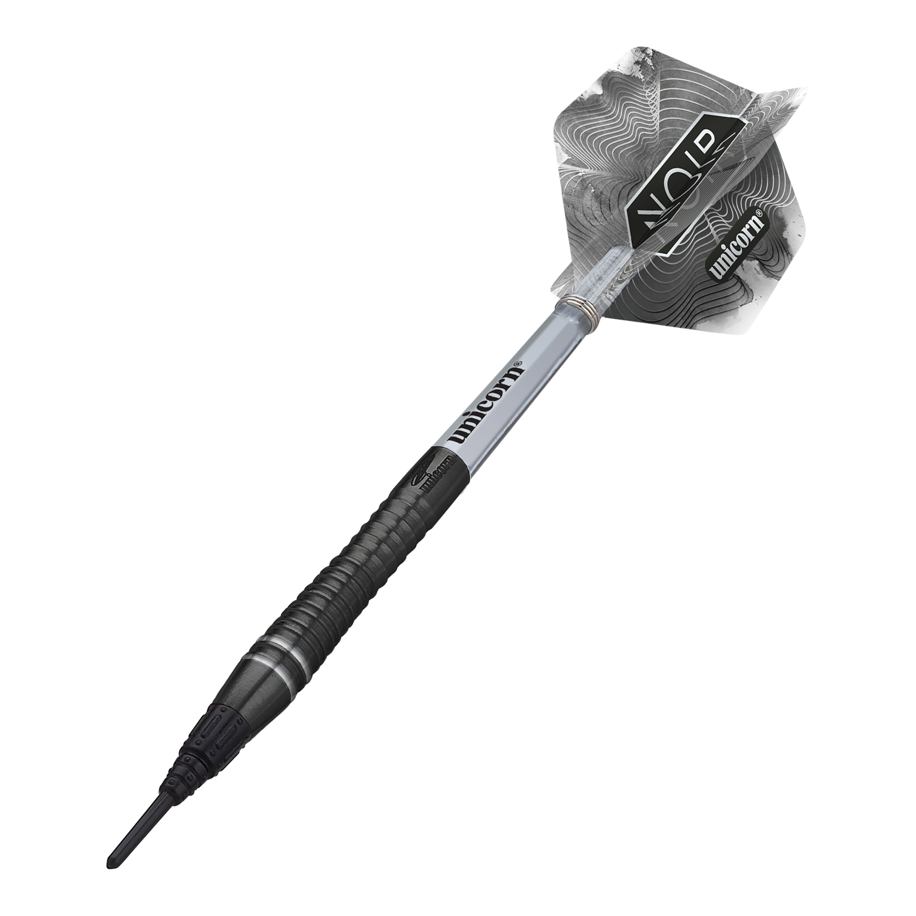 Das Bild zeigt einen Unicorn World Champion Gary Anderson Noir Phase 6 Softdart. Der Dartpfeil ist schwarz-silbern und hat ein modernes, gemustertes Flight-Design.
