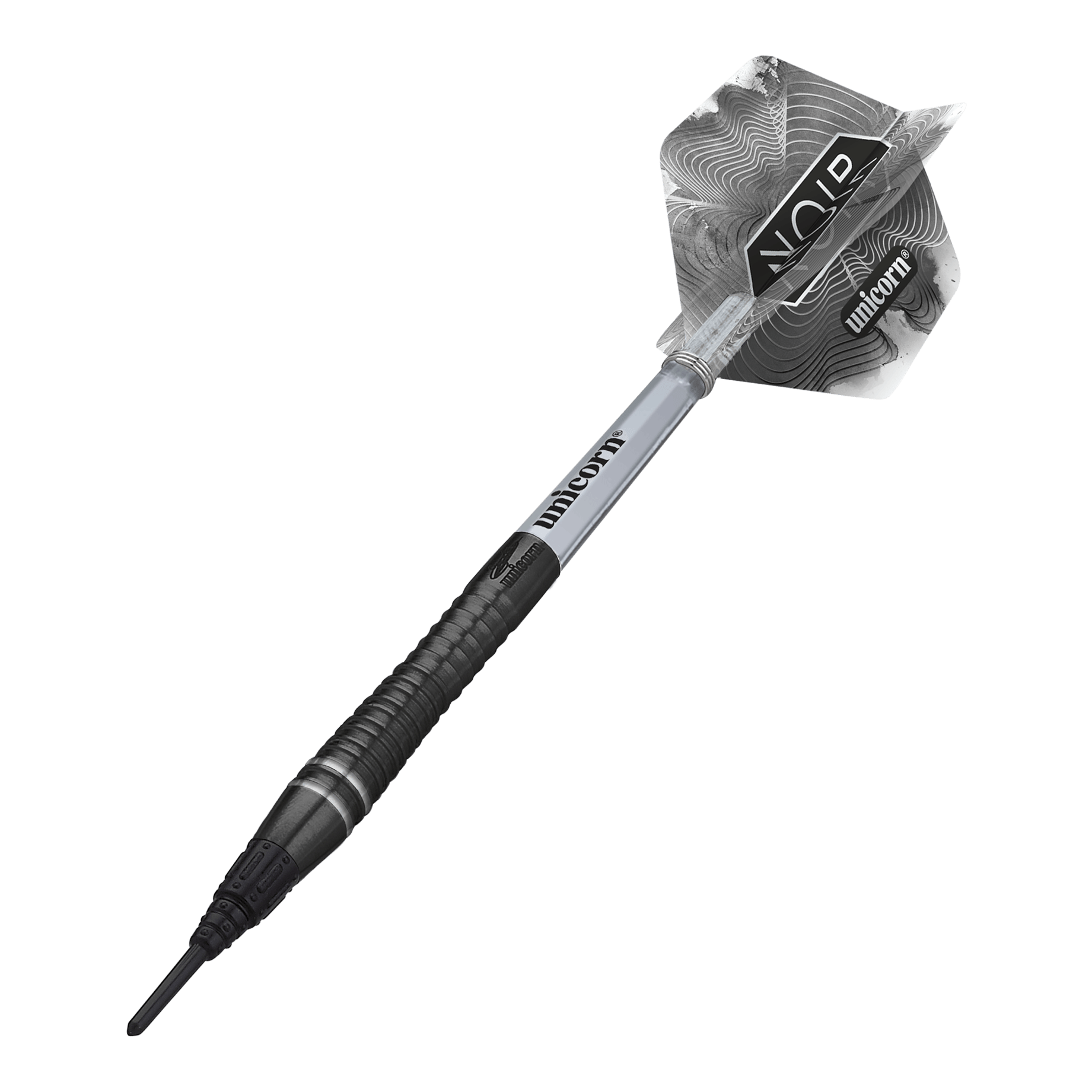 Unicorn World Champion Gary Anderson Noir Phase 6 Softdarts Das Bild zeigt einen Unicorn World Champion Gary Anderson Noir Phase 6 Softdart. Der Dartpfeil ist schwarz-silbern und hat ein modernes, gemustertes Flight-Design.