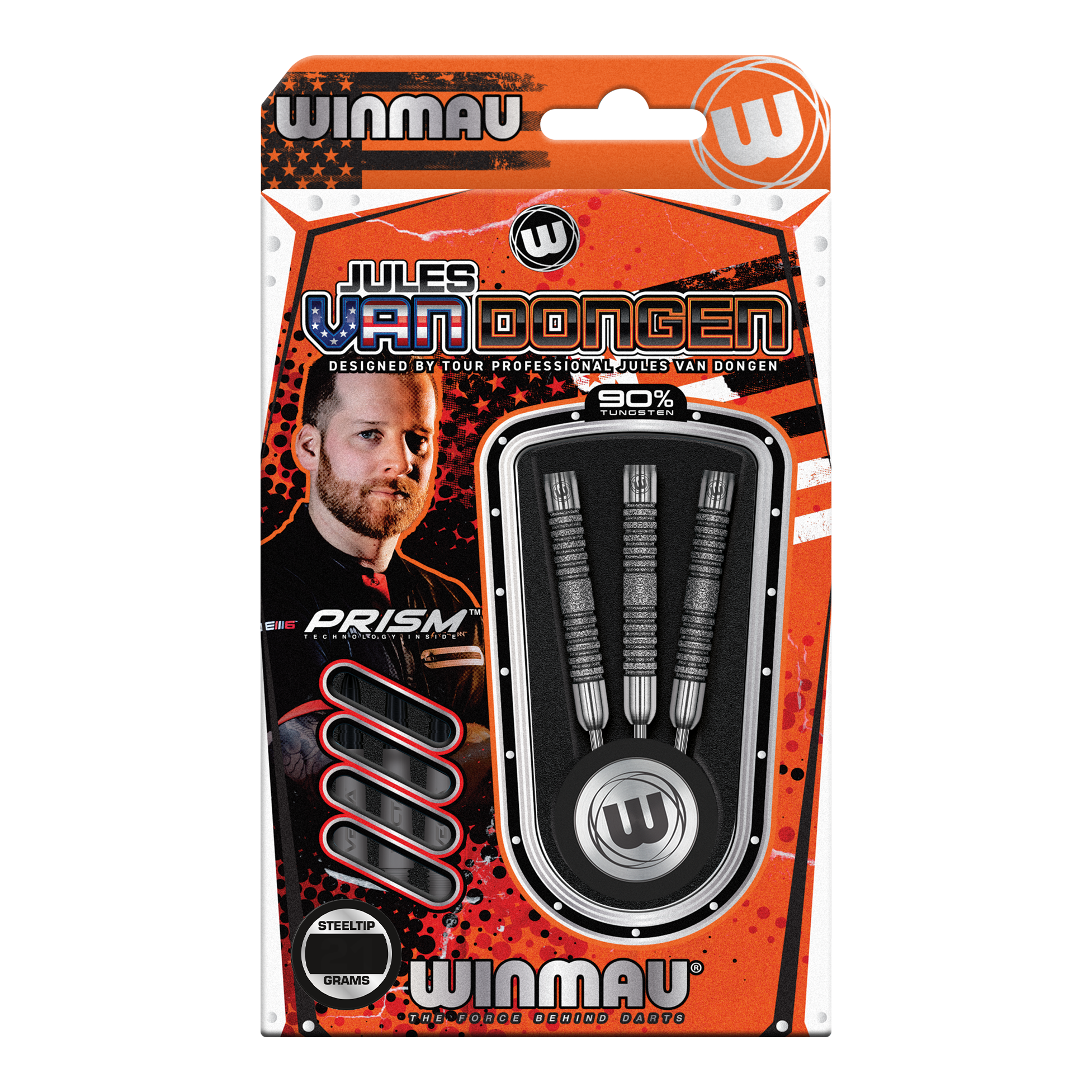 Das Bild zeigt eine Verpackung der Winmau Jules Van Dongen Steeldarts mit 22 Gramm Gewicht. Auf der Packung sind drei Darts und ein Foto von Jules Van Dongen zu sehen.