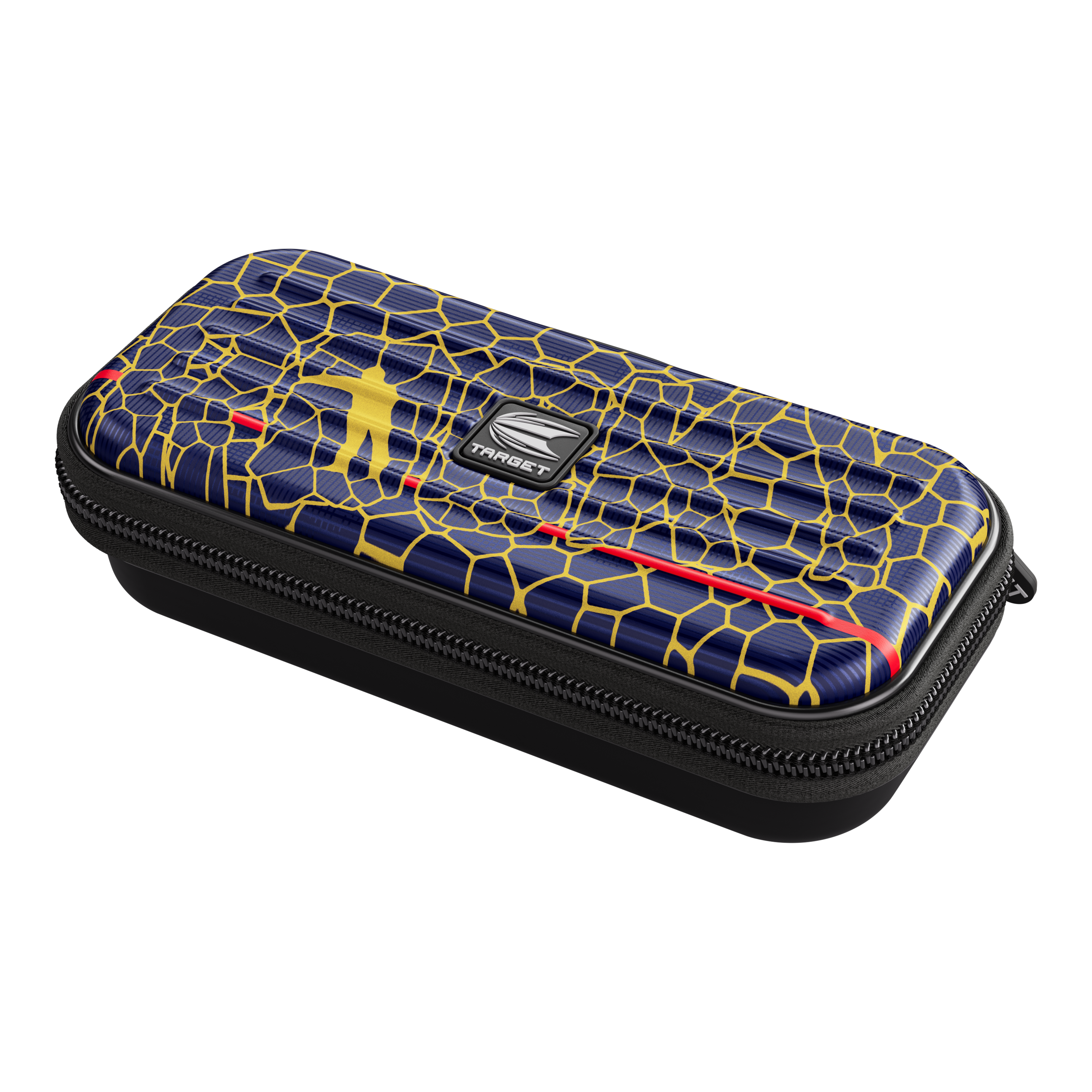 Target Takoma Josh Rock Dartcase Das Bild zeigt das Produkt "Target Takoma Josh Rock Dartcase". Das Dartcase hat ein auffälliges Design mit gelben Linien auf dunkelblauem Hintergrund und einem kleinen Logo in der Mitte.