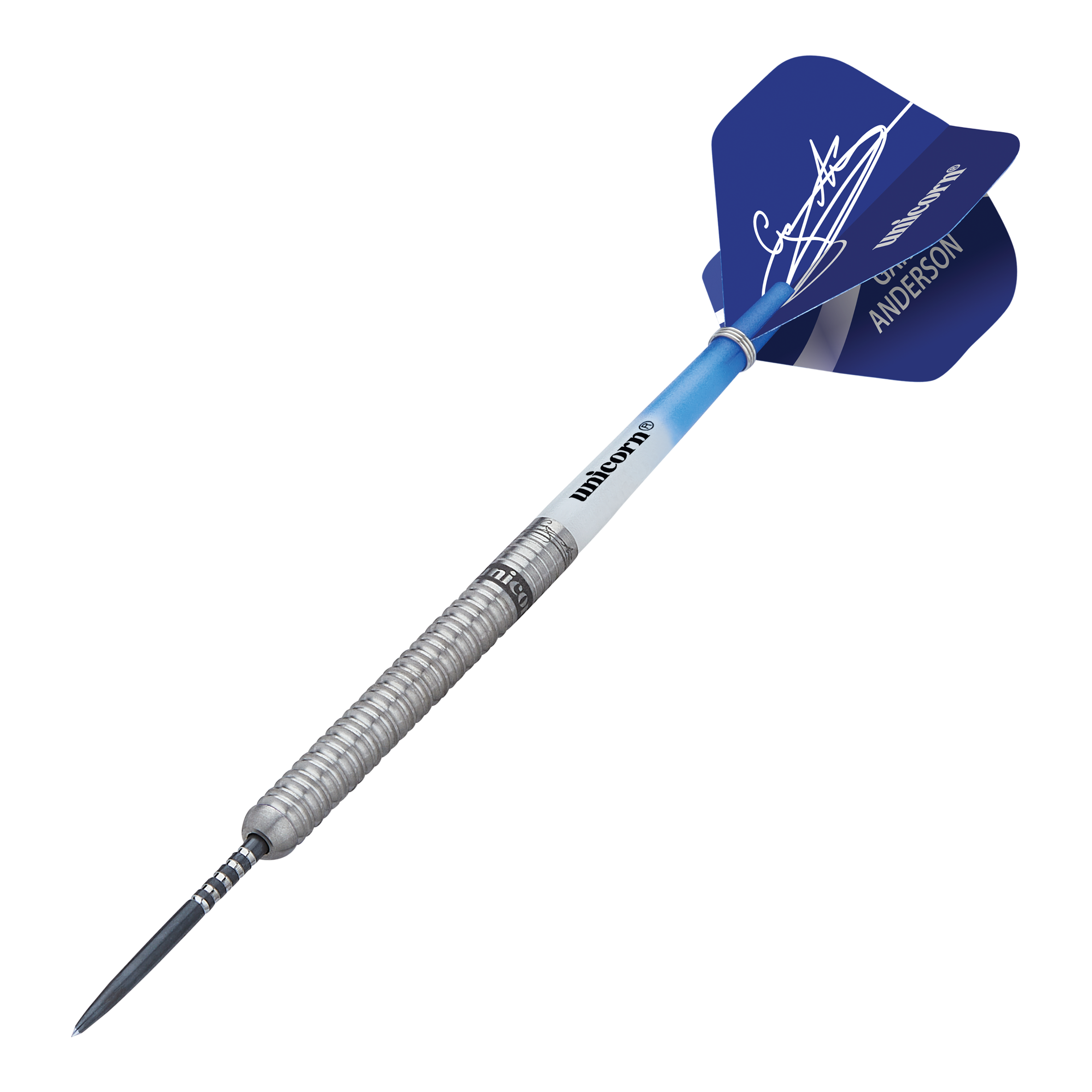 Das Bild zeigt einen Steeldart aus dem "Unicorn Gary Anderson 10 Year Commemoration Limited Edition Set" mit 23 Gramm Gewicht. Der Dartpfeil hat silberne Griffbereiche und blaue Flights mit einer Unterschrift und dem Namen "Anderson".
