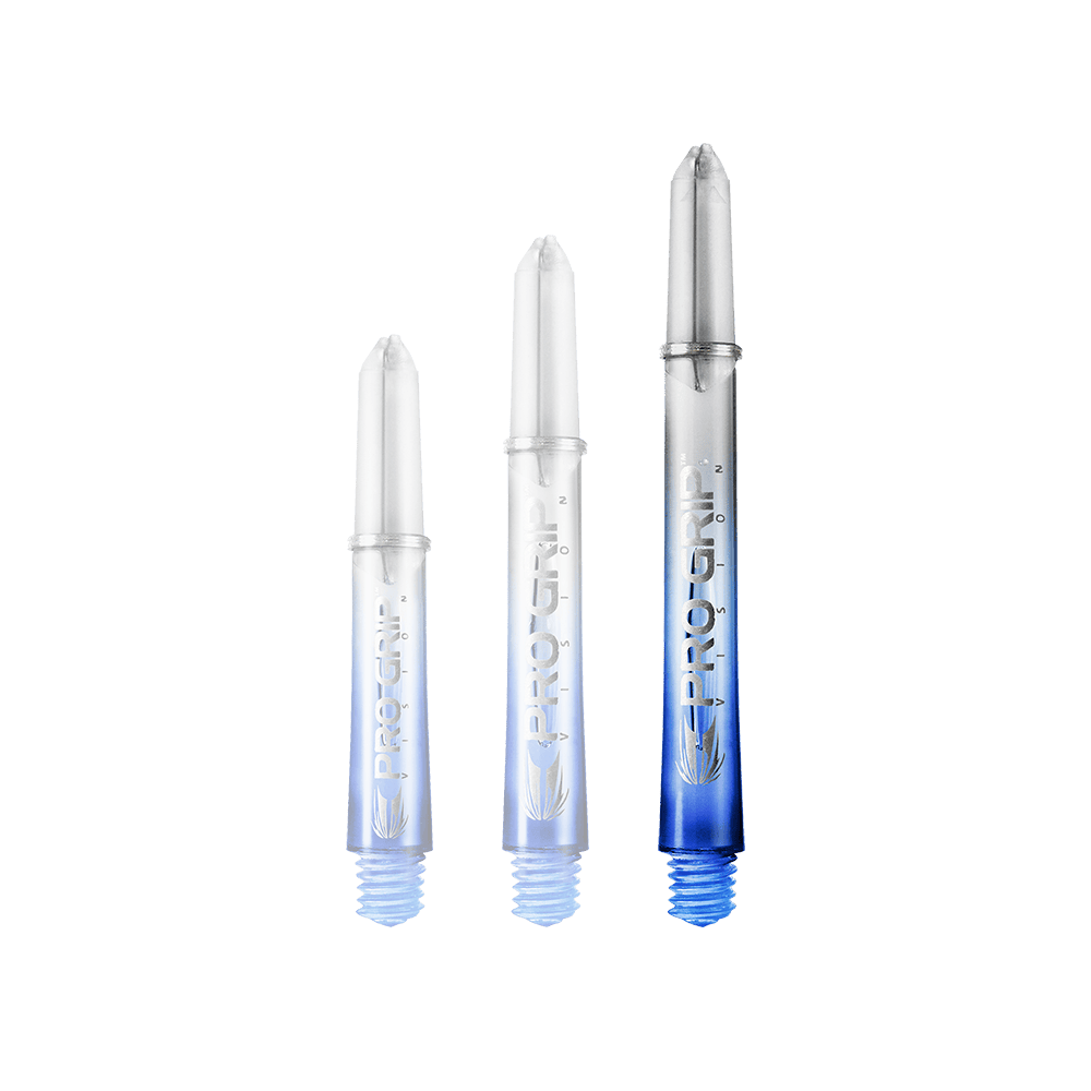 Target Pro Grip Vision Shafts - 3 Sets - Blau Das Bild zeigt drei unterschiedlich lange Dartshafts der Marke "Pro Grip" in Blau. Sie sind unten blau und werden nach oben hin durchsichtig.