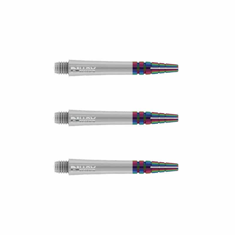 Das Bild zeigt drei weiße RedDragon Nitrotech Ionic Shafts für Dartpfeile. Sie haben am Ende eine bunte, metallische Verzierung.