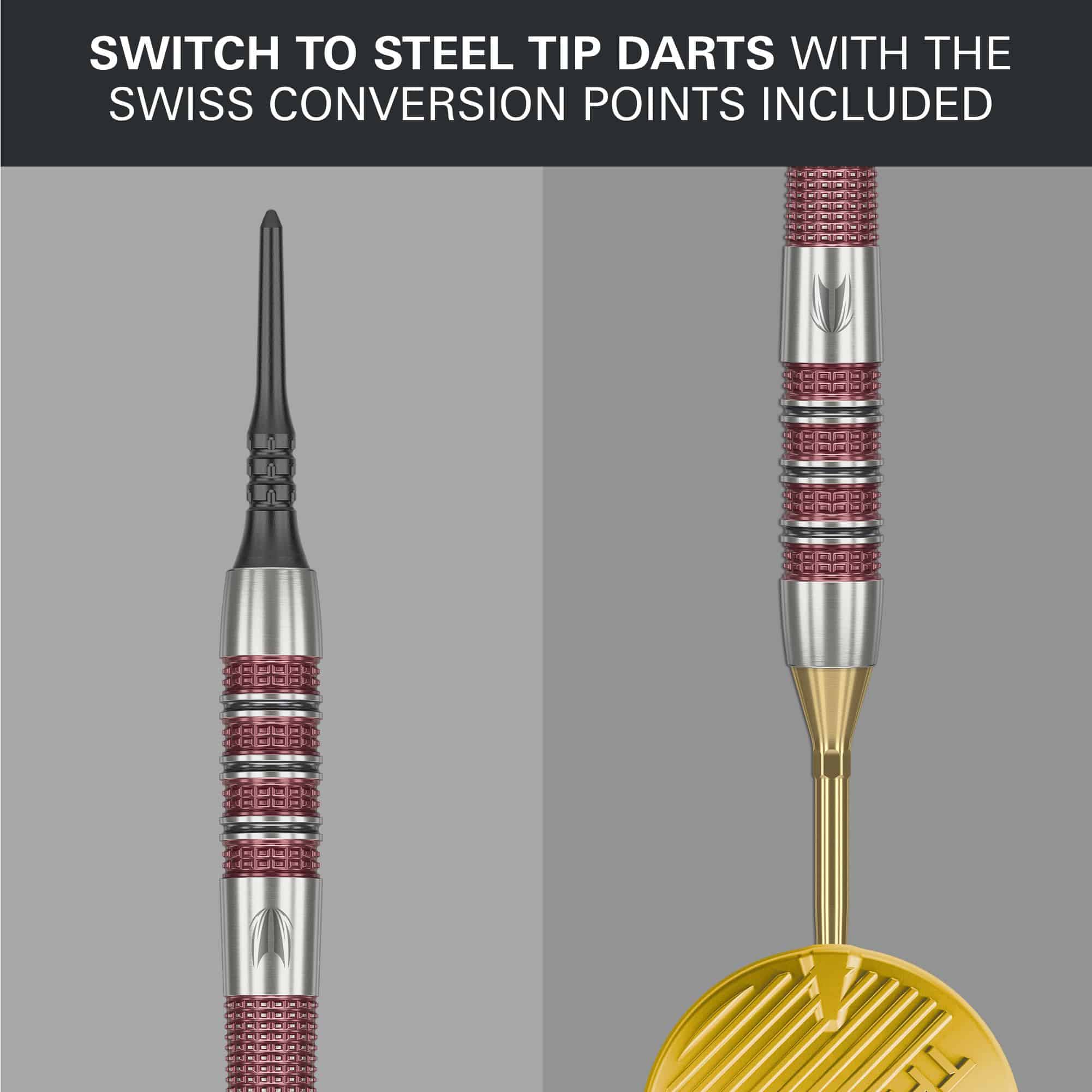 Target Stephen Bunting 95K Softdarts - 19g Das Bild zeigt die Target Stephen Bunting 95K Softdarts mit einem Gewicht von 19 Gramm. Oben steht, dass man mit den enthaltenen Swiss Conversion Points einfach auf Steel-Tip-Darts wechseln kann.