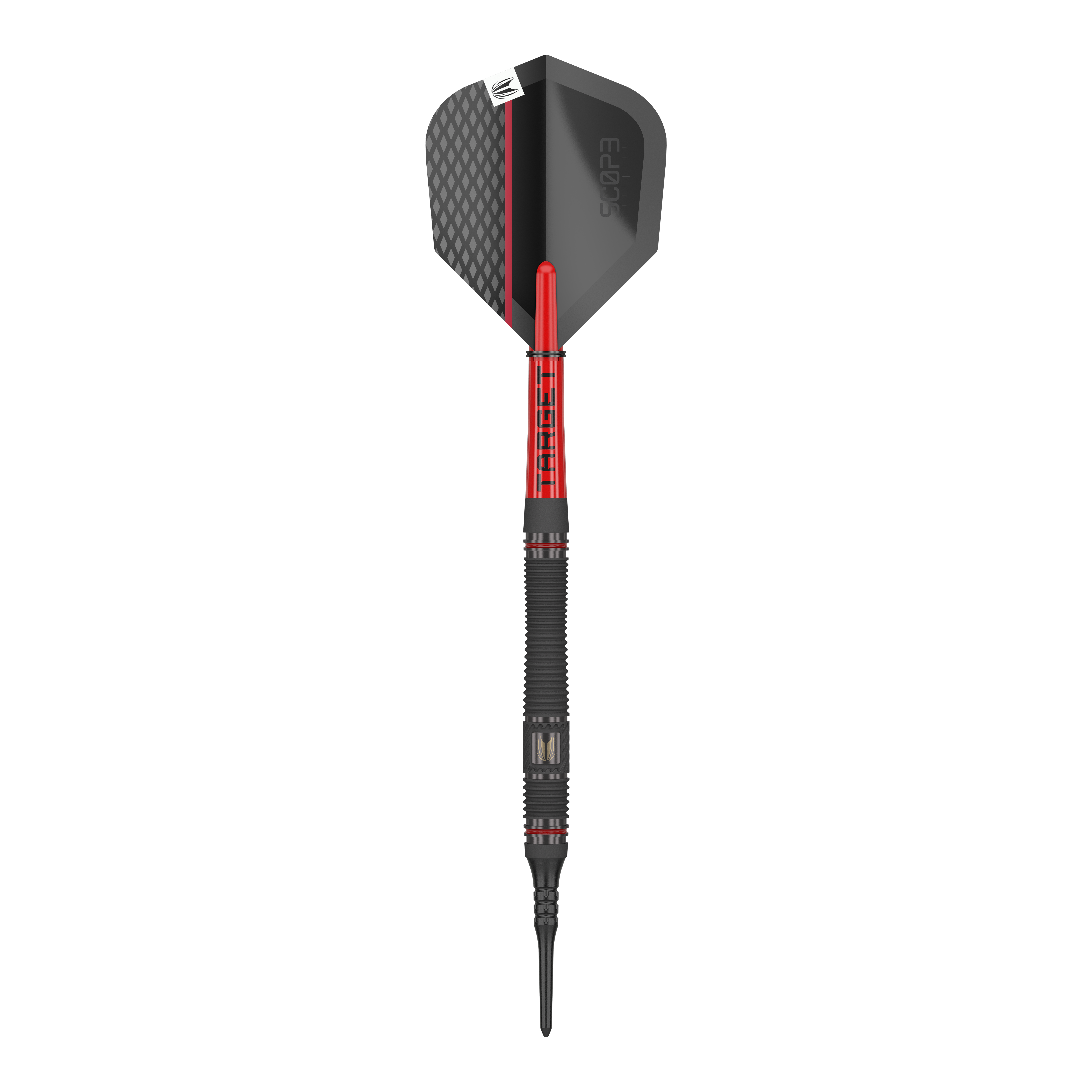 Target Scope 11 Softdarts Das Bild zeigt einen Softdart namens "Target Scope 11 Softdarts". Der Dart ist schwarz und rot mit einem modernen Design und einer strukturierten Oberfläche.