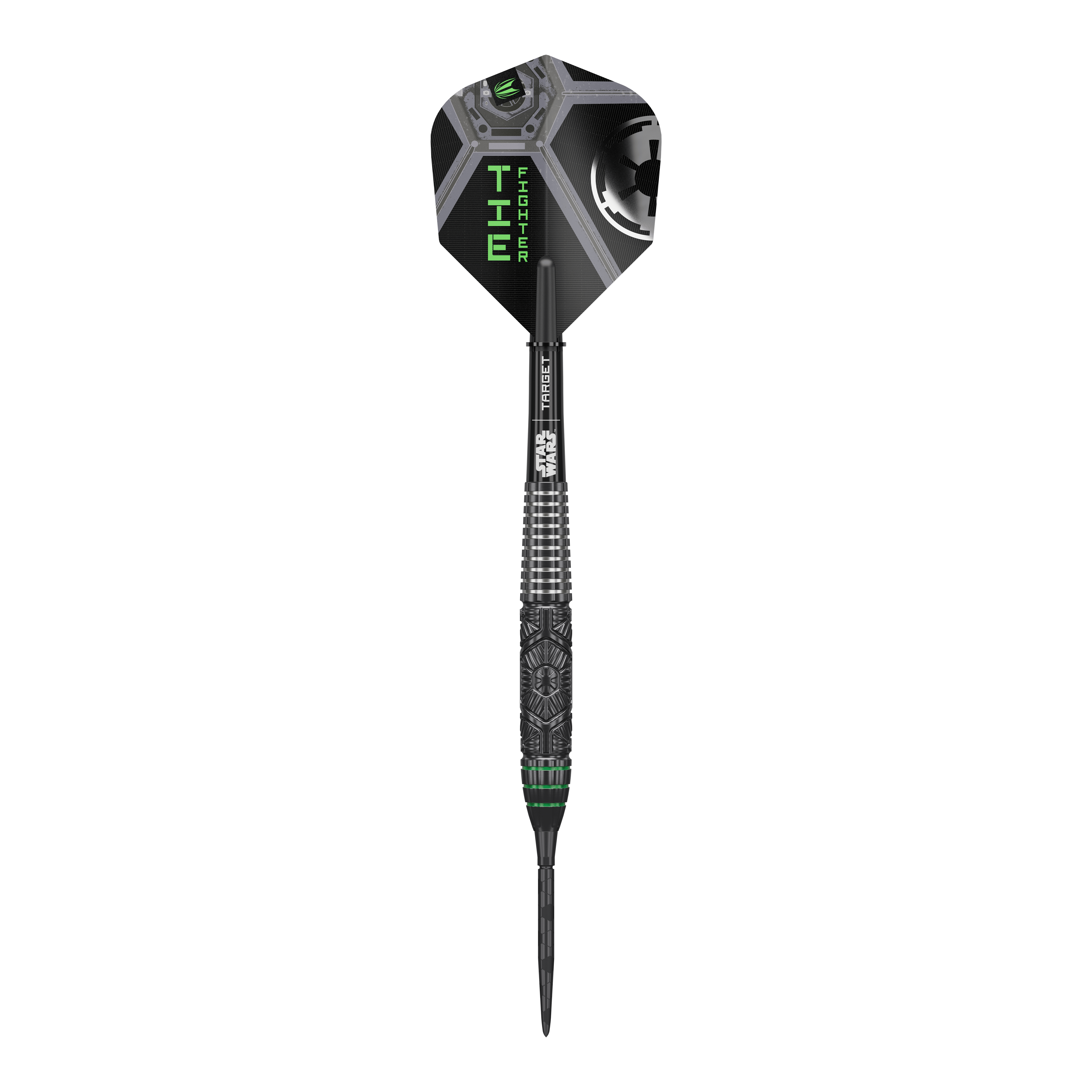 Das Bild präsentiert Target Star Wars Tie Fighter Swiss Point Steeldarts. Diese Darts sind im Design eines Tie Fighters gestaltet.