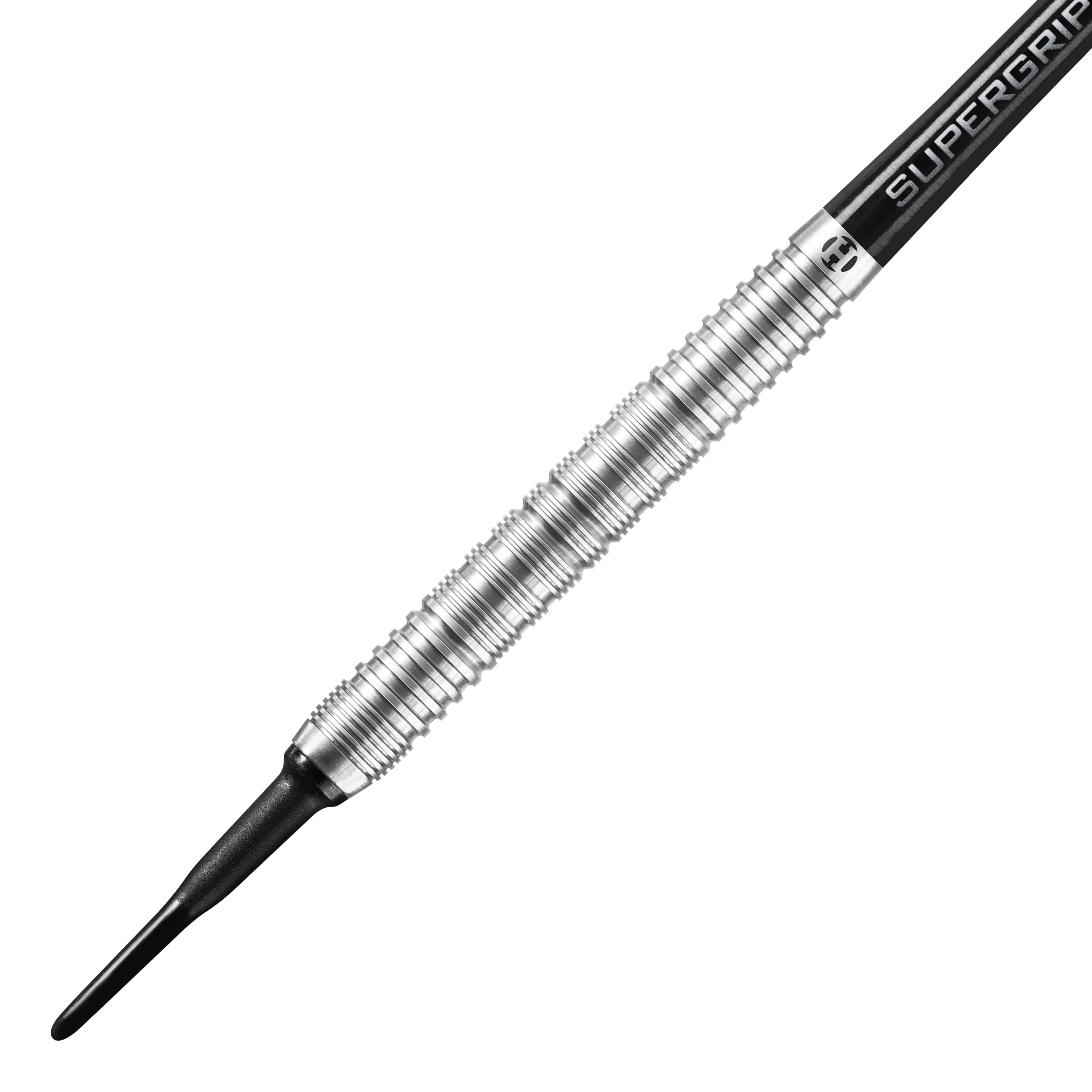 Das Bild zeigt einen Harrows Control Parallel Softdart mit einem silbernen, gerillten Barrel. Der Dart hat eine schwarze Kunststoffspitze und einen Schaft mit der Aufschrift "Supergrip".