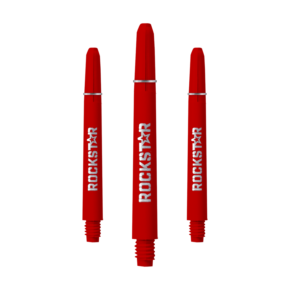 Auf dem Bild sind drei rote Rockstar Shafts mit 49 mm Länge zu sehen. Die Shafts haben einen weißen "ROCKSTAR"-Schriftzug und sind unten mit einem Gewinde versehen.