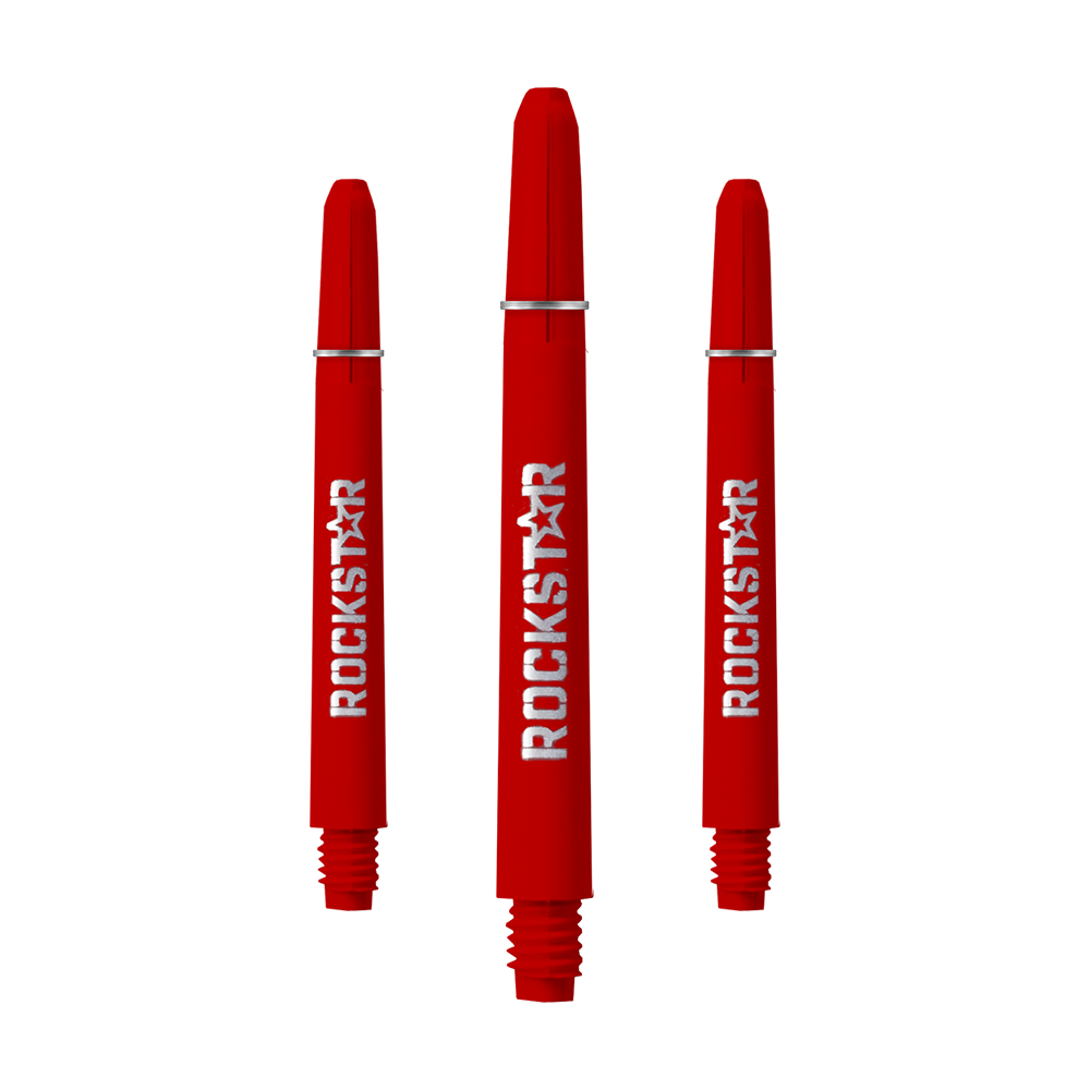 528_Rockstar_Shafts_1 Auf dem Bild sind drei rote Rockstar Shafts mit 49 mm Länge zu sehen. Die Shafts haben einen weißen "ROCKSTAR"-Schriftzug und sind unten mit einem Gewinde versehen.