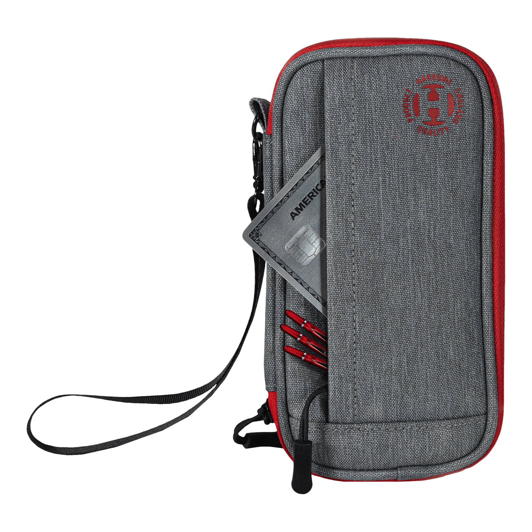 Das Bild zeigt ein graues und rotes Dart-Etui mit einem Reißverschluss und einer Handschlaufe. In der Vordertasche stecken eine Kreditkarte und einige Dartspitzen.