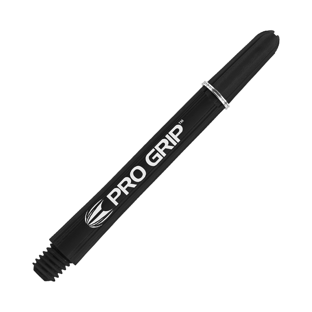 110160_Target_Pro_Grip_Shafts_Schwarz_48mm_2 Das Bild zeigt einen schwarzen Pro Grip Schaft von Target. Auf dem Schaft steht deutlich sichtbar der Schriftzug "PRO GRIP".