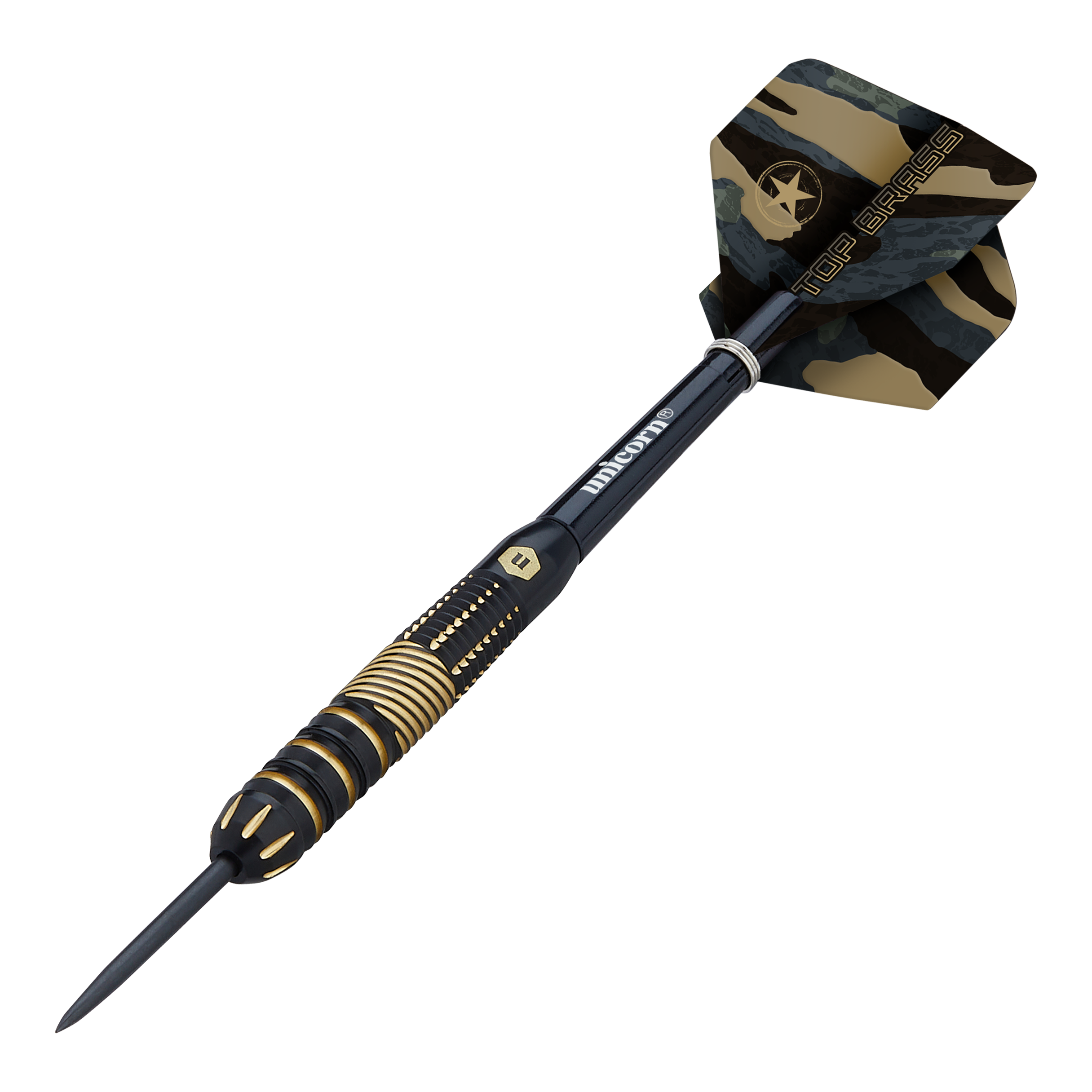 Das Bild zeigt einen Dartpfeil des Modells „Unicorn Top Brass V2 Steeldarts - 19g“. Der Pfeil ist schwarz-gold gestaltet und hat eine camouflagemusterte Flügelspitze mit der Aufschrift „TOP BRASS“.