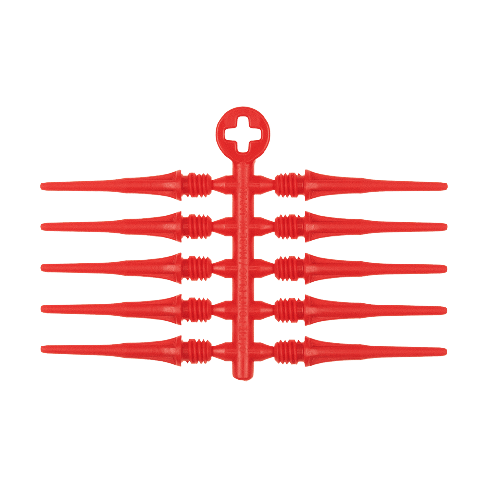 X9050_Cosmo_Fit_Point_Plus_2BA_Spitzen_Rot_2anpA4rvfb5Wt0 Das Bild zeigt acht rote Kunststoffspitzen, die an einem zentralen Steg befestigt sind. Oben befindet sich eine runde Öffnung mit einem Kreuz in der Mitte.