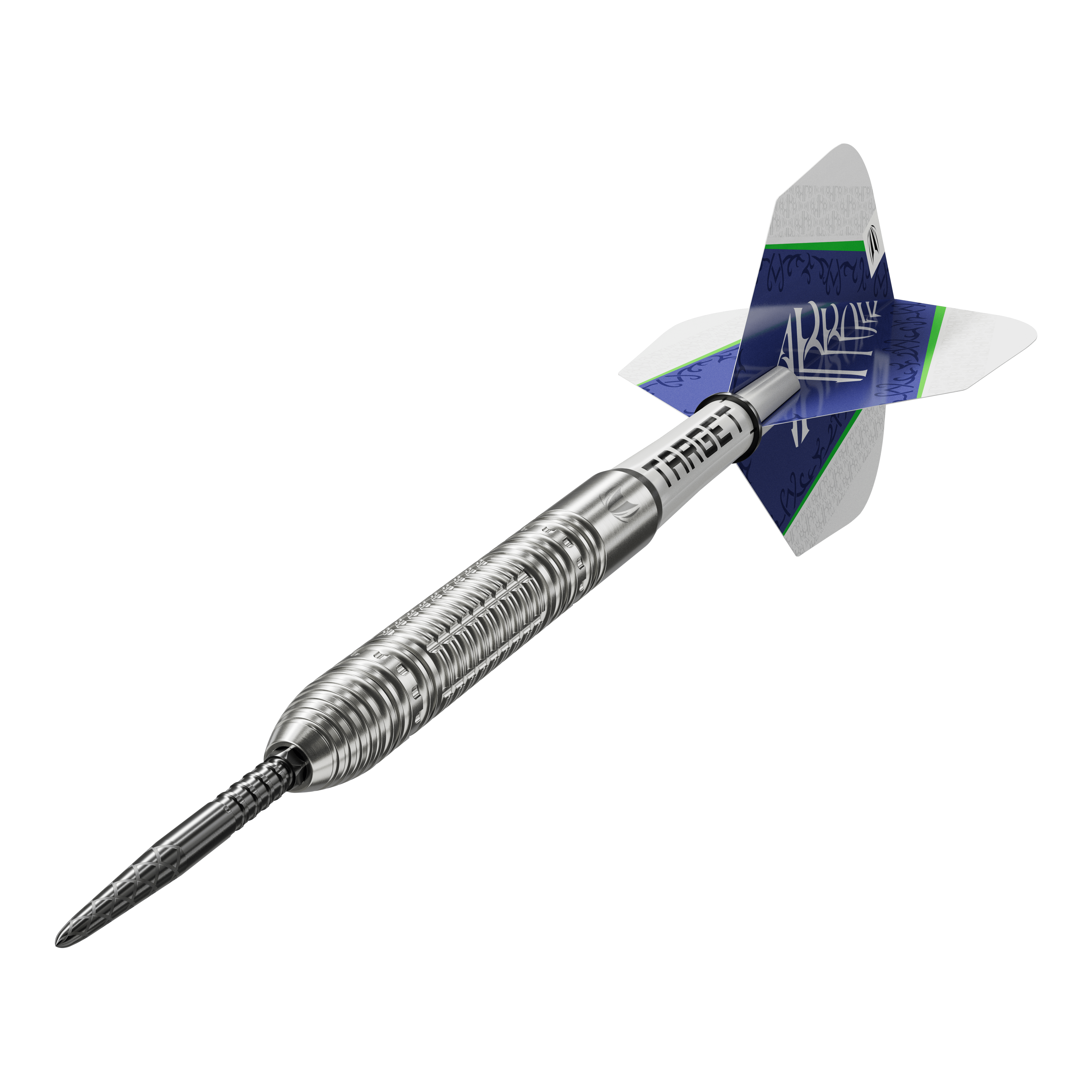 Target Shane McGuirk GEN1 Swiss Point Steeldarts - 23g Das Bild zeigt den Target Shane McGuirk GEN1 Swiss Point Steeldart mit einem Gewicht von 23g. Der Dart hat ein silbernes, geriffeltes Barrel und blaue Flights mit weiß-grünen Akzenten.