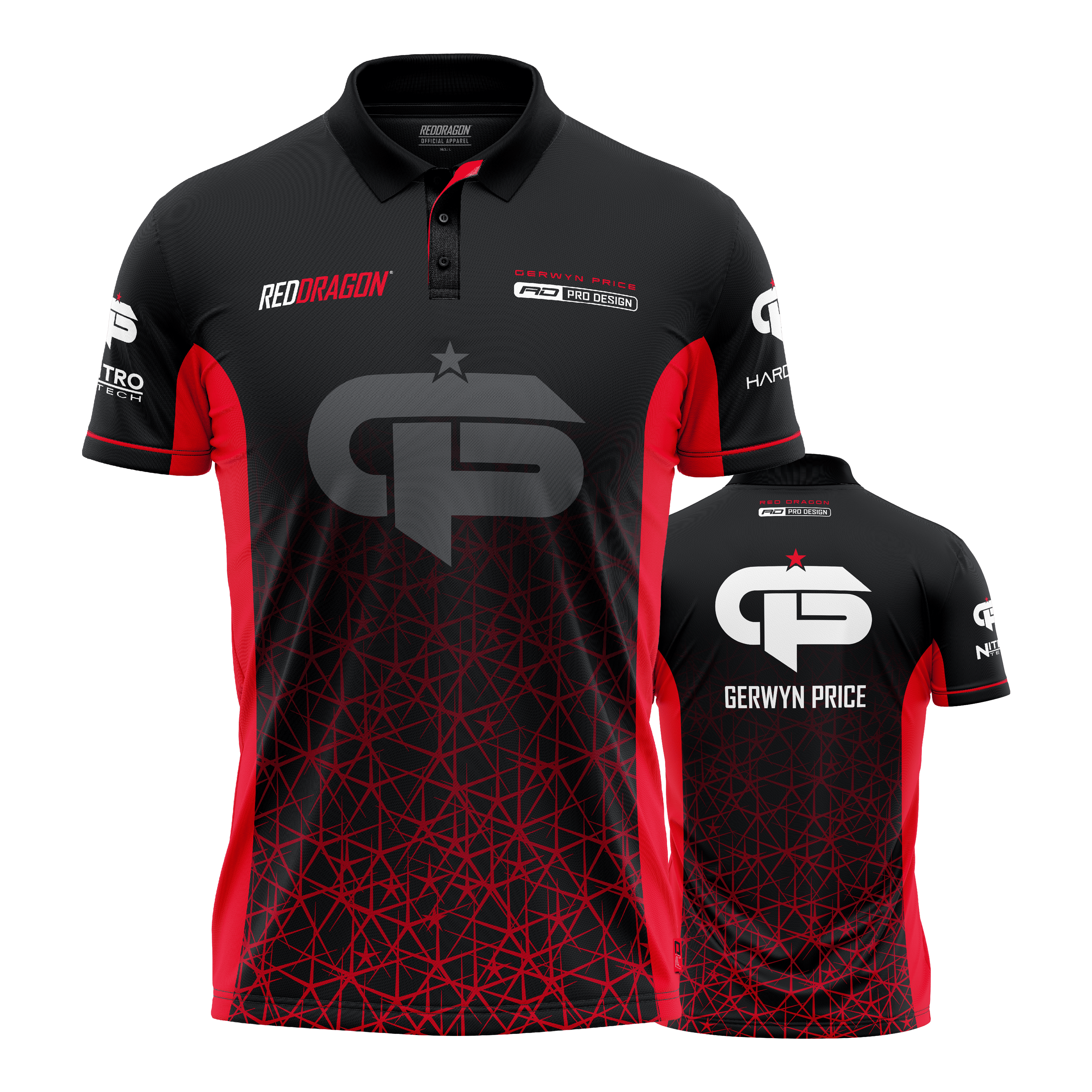 Das Bild zeigt das "Red Dragon Gerwyn Price Red Tour Polo Dartshirt" in Schwarz mit roten Akzenten. Auf der Vorder- und Rückseite sind große weiße Logos und der Name "Gerwyn Price" zu sehen.