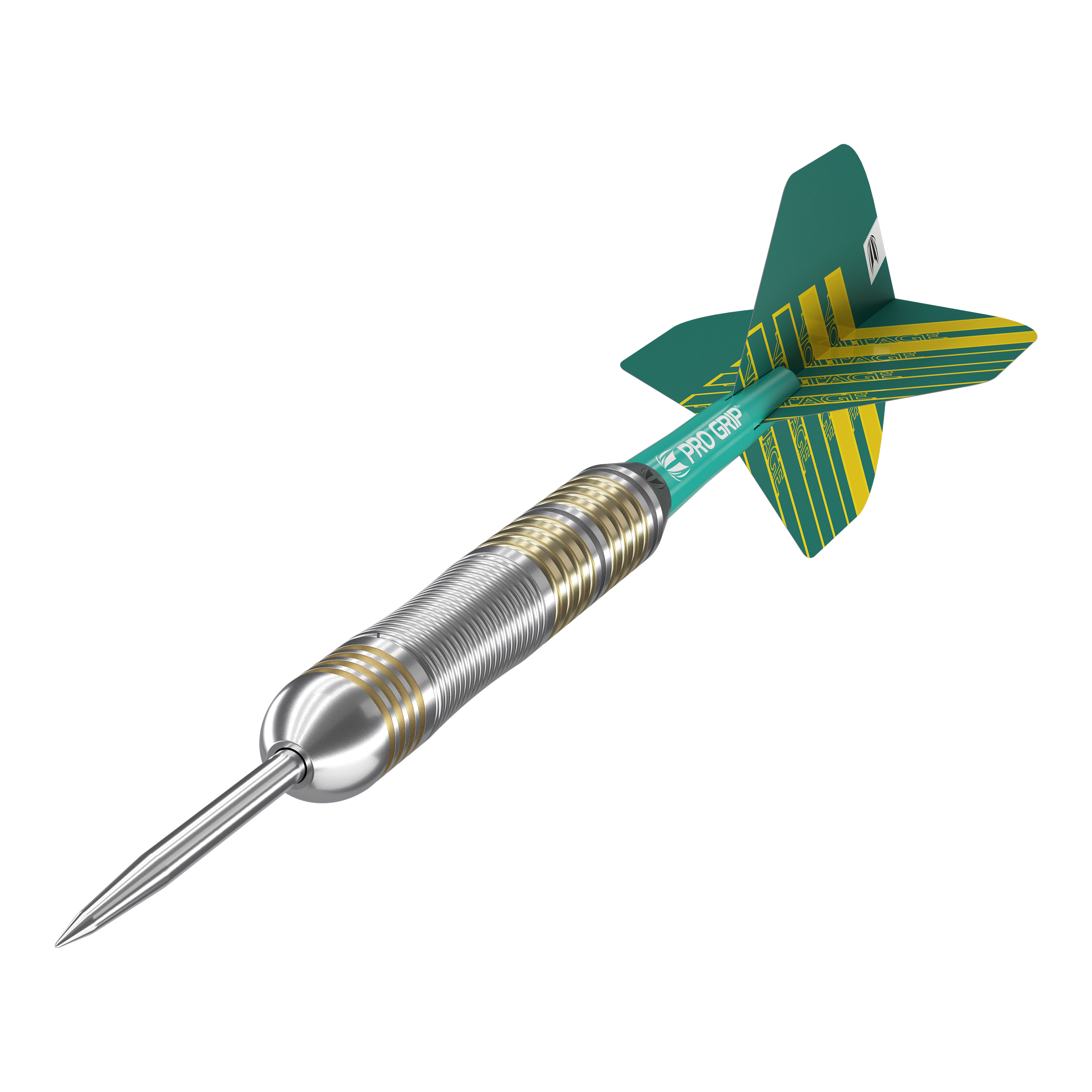 Target Rob Cross Brass Steeldarts - 22g Das Bild zeigt einen Target Rob Cross Brass Steeldart mit einem Gewicht von 22g. Der Dartpfeil hat einen silbernen Schaft mit goldenen Akzenten und grüne Flights.