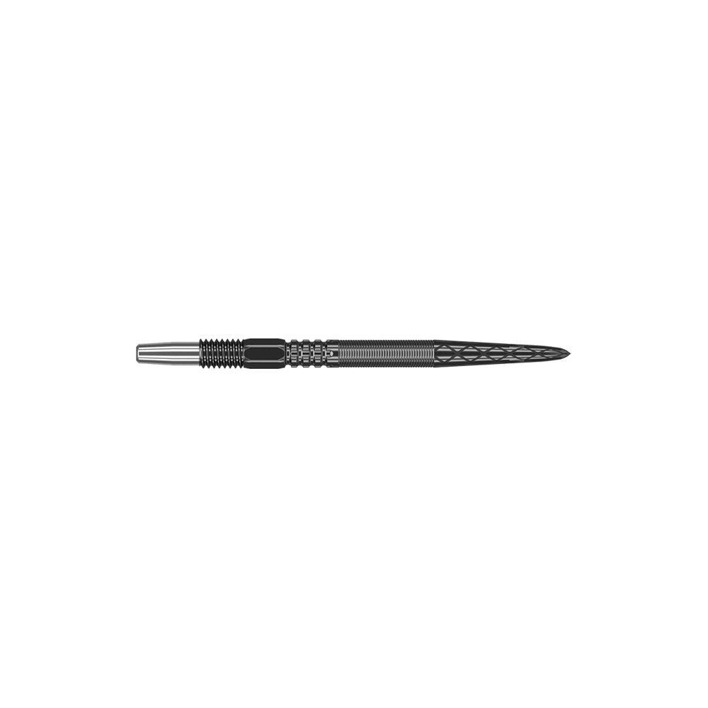 340052_Target_Swiss_Point_DX_Black_Dartspitzen_26mm_2 Das Bild zeigt eine schwarze Dartspitze mit feinen Rillen und Mustern. Sie ist schmal und hat ein modernes, metallisches Design.