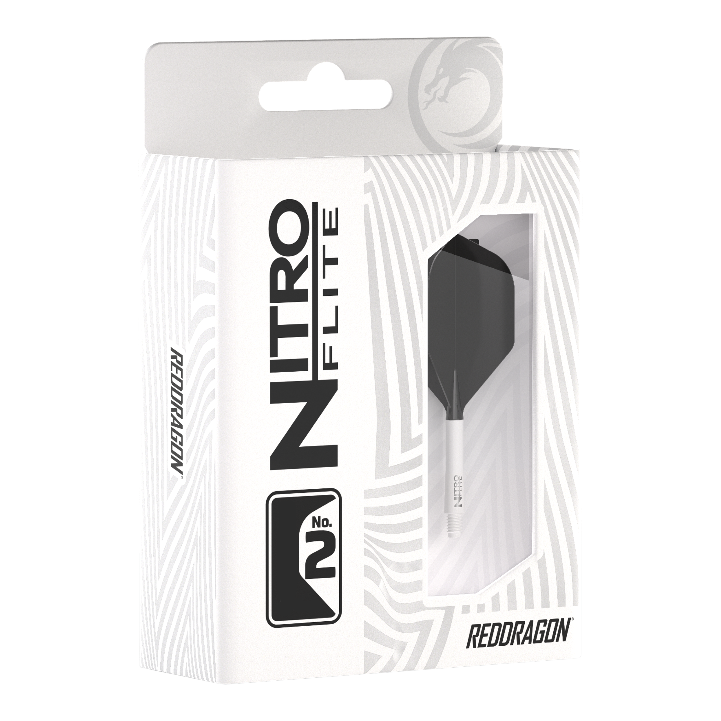 Red Dragon Nitroflite - White Shaft Black No2 Flights Die Abbildung zeigt die Produktverpackung des "Red Dragon Nitroflite" mit weißen Schäften und schwarzen No2 Flights. Die Packung ist überwiegend weiß gestaltet und hat ein Sichtfenster, durch das das Dart-Zubehör zu sehen ist.