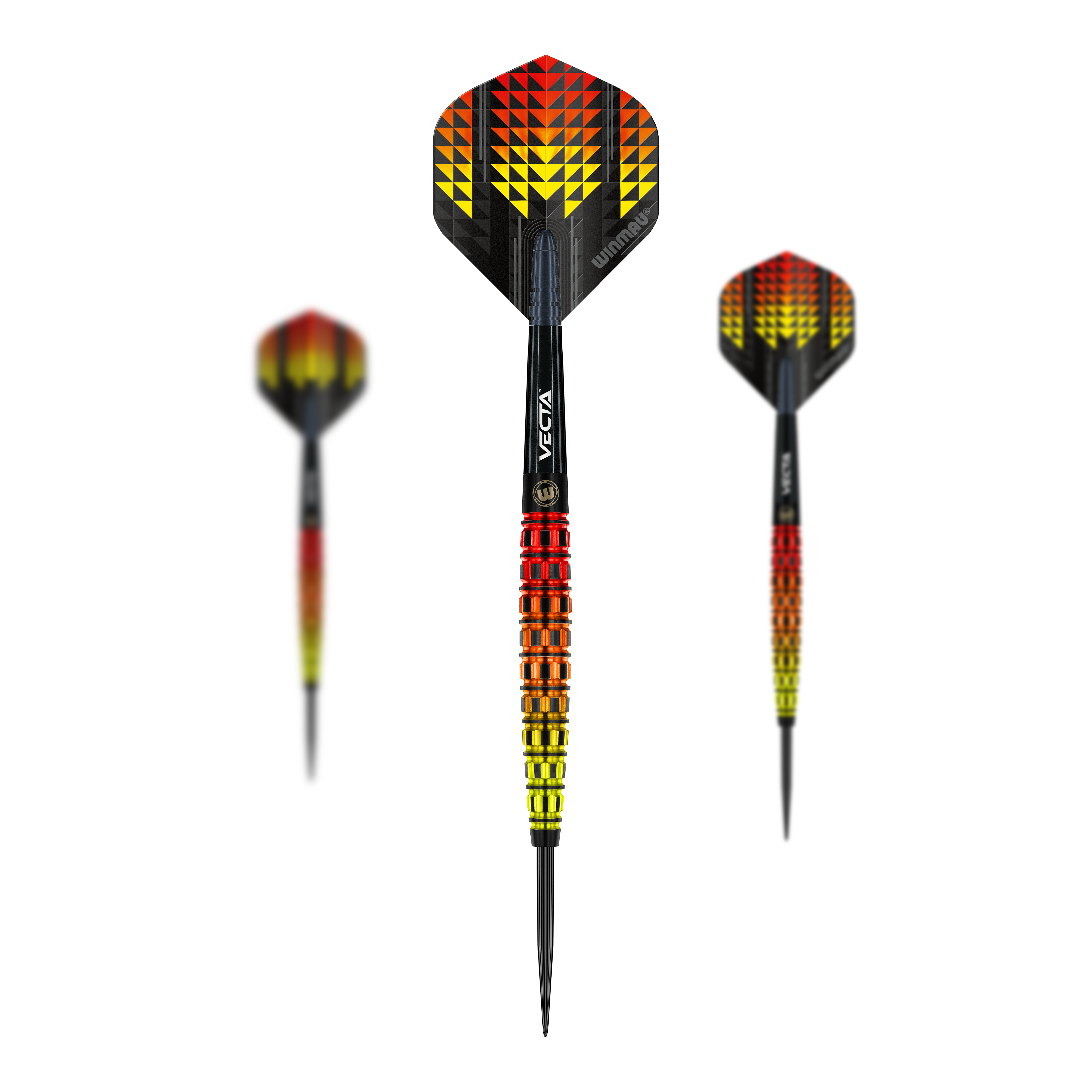 Die Abbildung zeigt die Winmau Firestorm Flame Tapered Steeldarts. Die Darts haben ein auffälliges Design in den Farben Gelb, Rot und Schwarz mit einem modernen, geometrischen Muster.