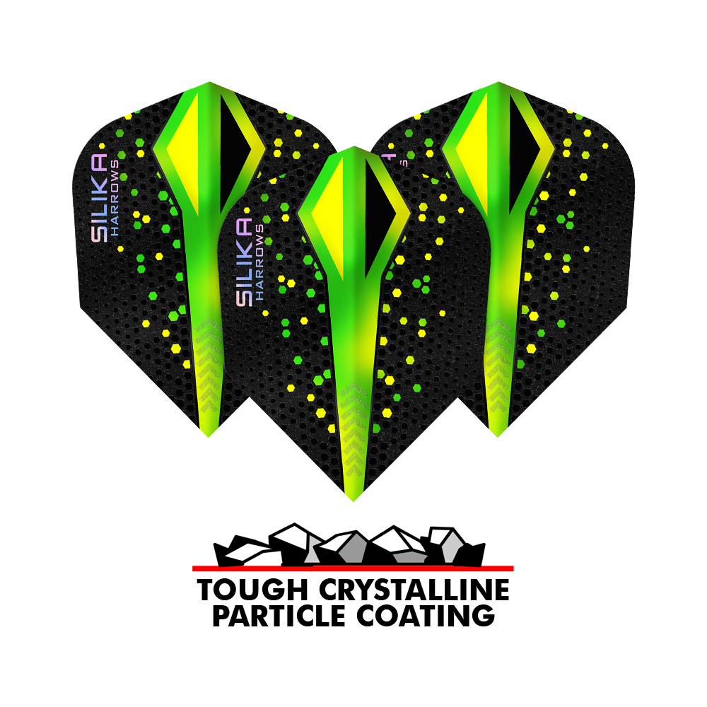 Harrows Silika Colourshift Tough Crystalline Coating Green No6 Flights Das Bild zeigt drei Harrows Silika Colourshift Tough Crystalline Coating Green No6 Flights mit schwarzem Hintergrund und grünen, gelben Akzenten. Darunter steht ein Logo mit der Aufschrift "Tough Crystalline Particle Coating".