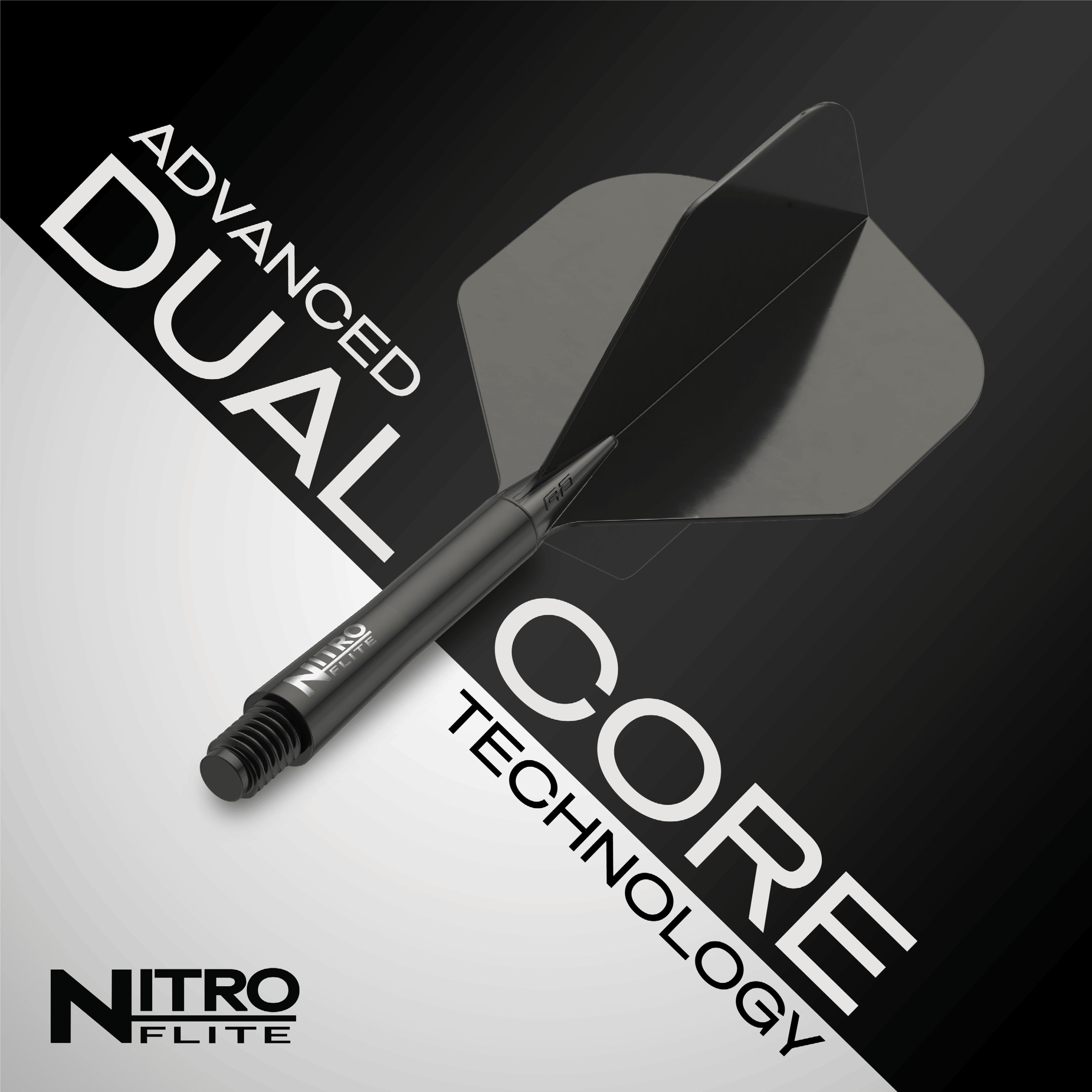 Das Bild zeigt das Produkt "Red Dragon Nitroflite - Black Shaft Black No2 Flights". Es hebt die fortschrittliche Dual-Core-Technologie hervor.