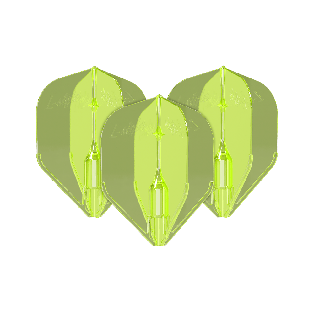 L-Style Fantom L3EZ Flights Neongelb Das Bild zeigt drei neongelbe L-Style Fantom L3EZ Flights für Dartpfeile. Sie sind aus Kunststoff und haben eine glänzende, transparente Oberfläche.