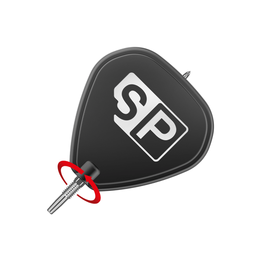 Target Swiss Point DX Dartspitzen - Silver Das Bild zeigt eine schwarze Dart-Flügel mit der weißen Aufschrift "SP". Am unteren Ende ist eine silberne Dartspitze angebracht, um die ein roter Pfeil eine Drehbewegung anzeigt.