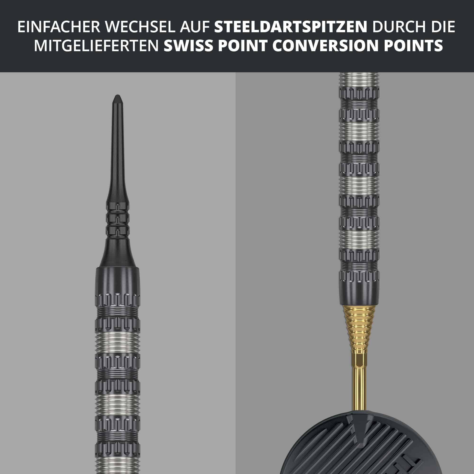 Target Rob Cross 95K Swiss Point Softdarts - 18g Das Bild zeigt den Target Rob Cross 95K Swiss Point Softdart mit 18g Gewicht. Es wird darauf hingewiesen, dass ein einfacher Wechsel auf Steeldartspitzen durch die mitgelieferten Swiss Point Conversion Points möglich ist.