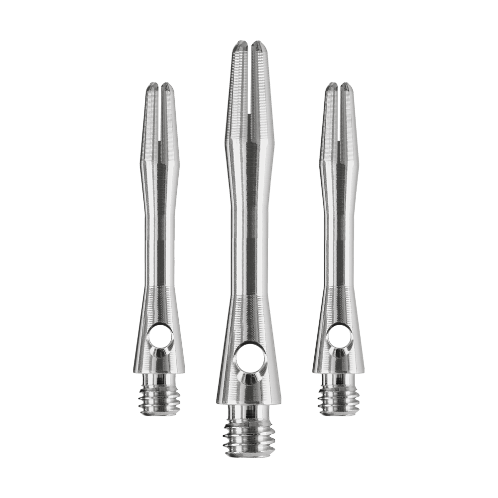 HR369_Harrows_Keramic_Shafts_Gun_Metal_35mm_1 Das Bild zeigt drei silberfarbene Dartschäfte aus Metall. Es handelt sich um das Produkt "Harrows Keramic Shafts - Gun Metal".