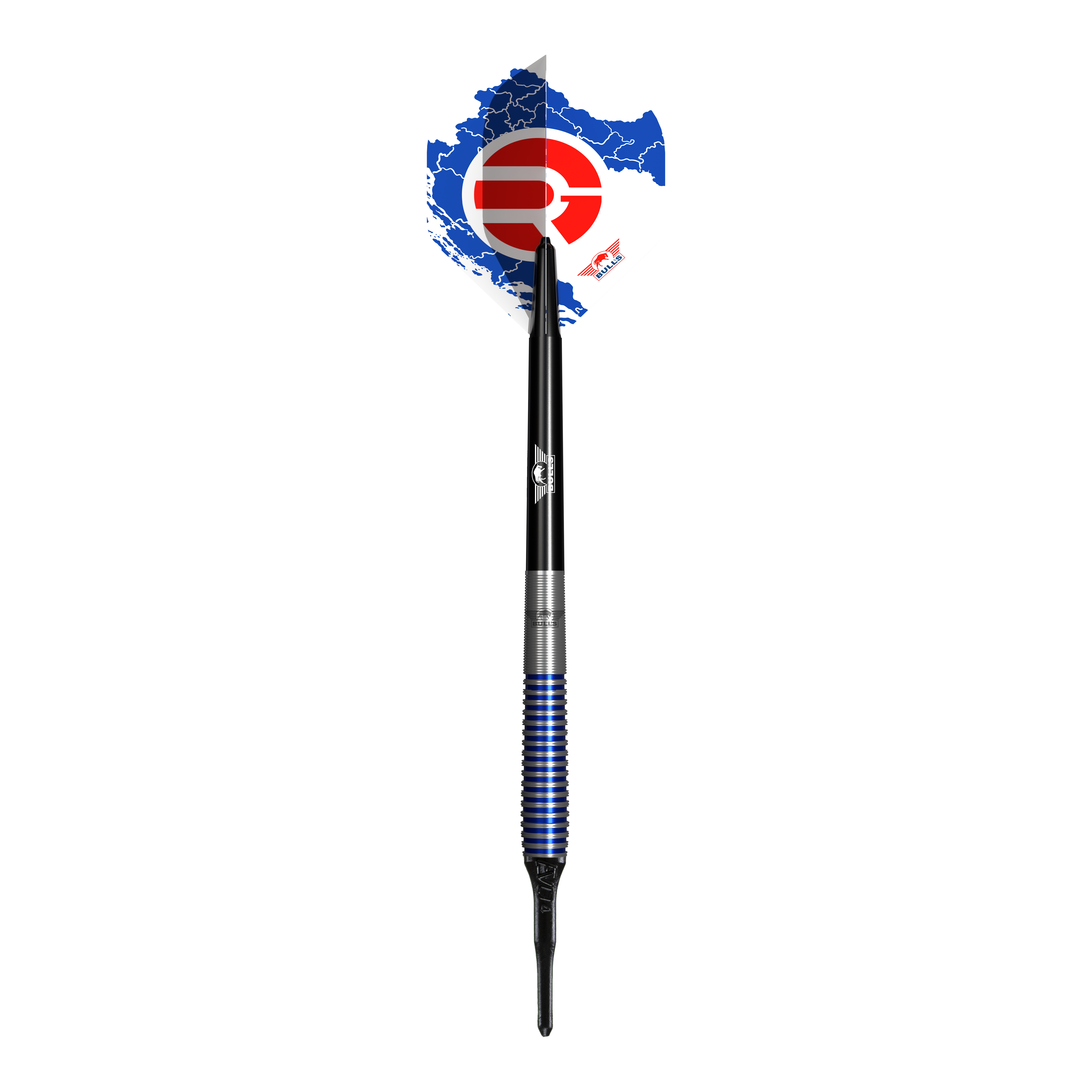 Bulls NL Romeo Grbavac Softdarts- 19g Das Bild zeigt einen Softdart namens "Bulls NL Romeo Grbavac Softdarts- 19g". Der Dart hat ein markantes Design mit blauen und silbernen Ringen am Griff sowie einer schwarz-weißen Flights mit roten und blauen Akzenten.