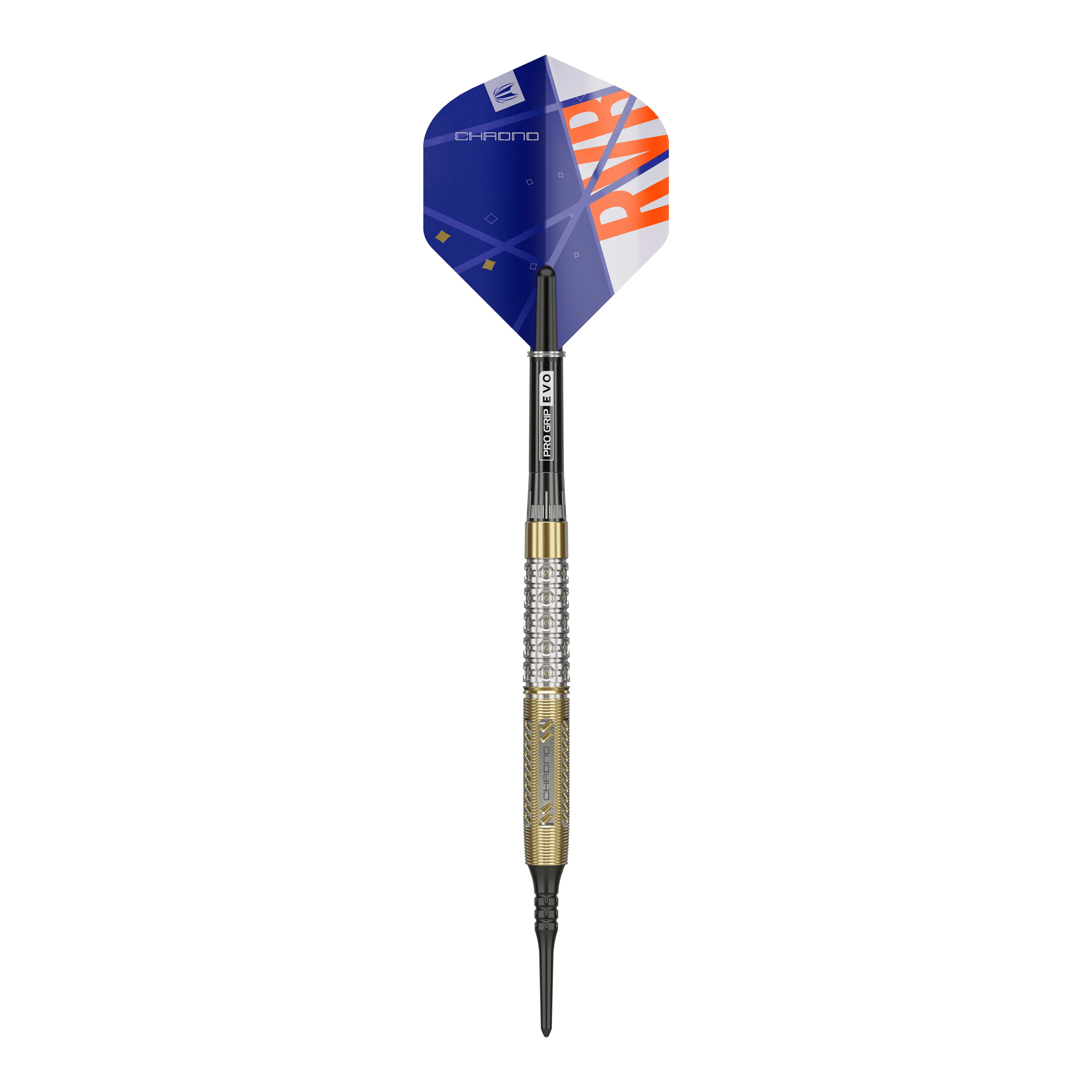 Target Raymond Van Barneveld Chrono 95 Softdarts Der Target Raymond Van Barneveld Chrono 95 Softdart ist auf dem Bild zu sehen. Der Dart hat eine goldene und silberne Griffzone sowie blaue Flights mit orangenem Aufdruck.