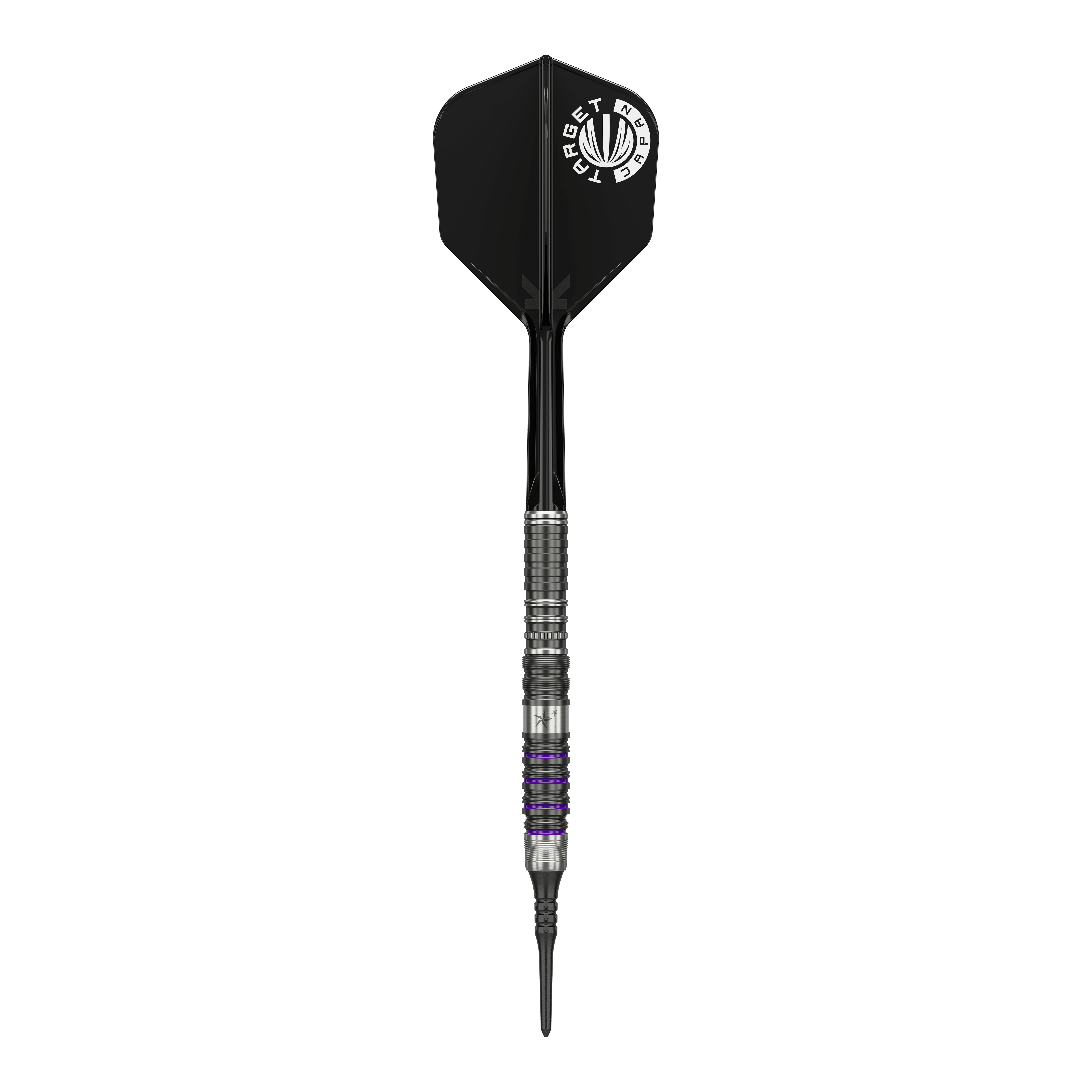 Target Japan Prime Series Yuta Hayashi Sirius GEN3 MAX Softdarts - 21,5g Das Bild zeigt einen Softdart aus der Target Japan Prime Series, Modell Yuta Hayashi Sirius GEN3 MAX mit einem Gewicht von 21,5g. Der Dart hat ein silbernes Griffstück mit schwarzen und lila Akzenten sowie eine schwarze Flight mit weißem Aufdruck.