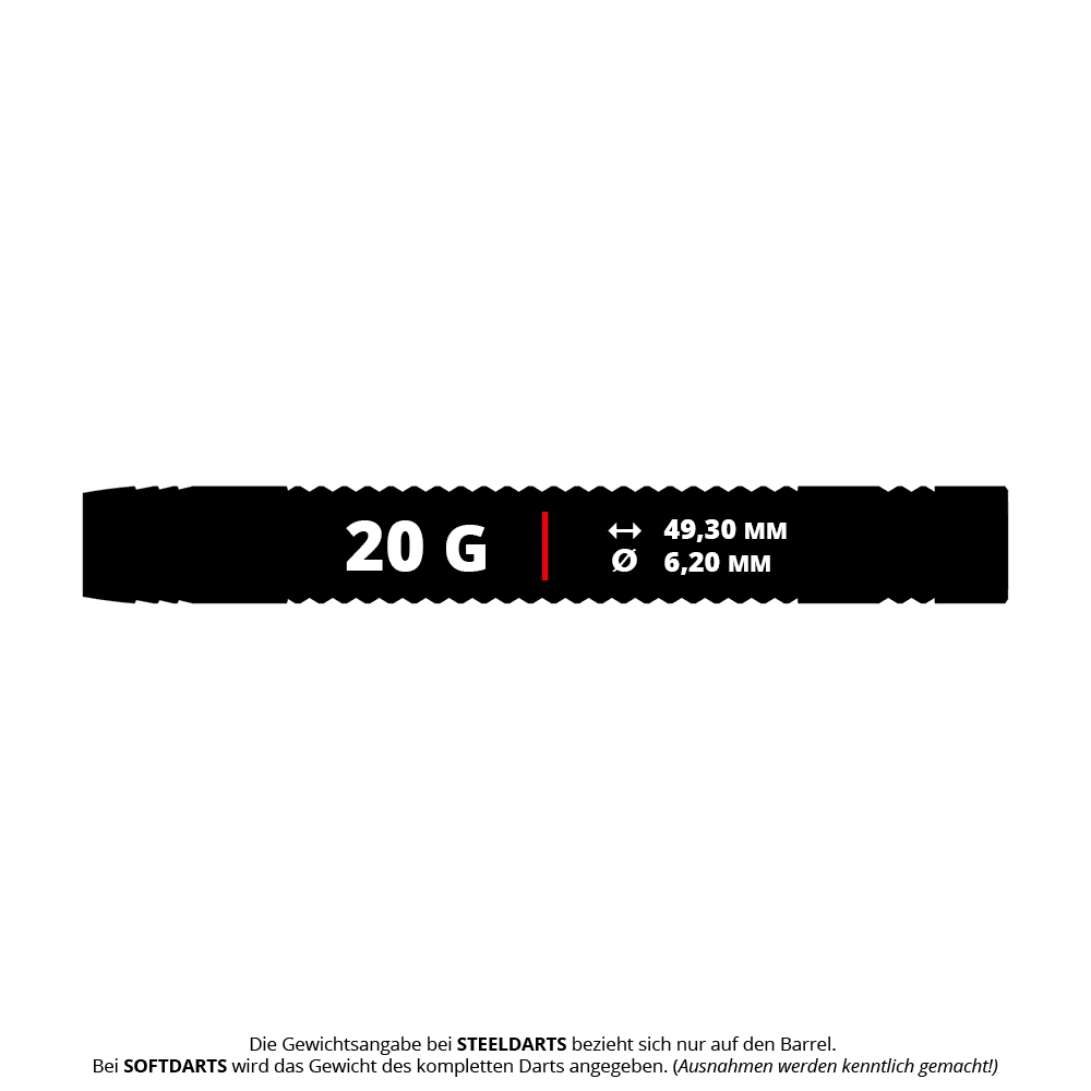 Bulls Jermaine Wattimena Generation 3 Softdarts - 20g Das Bild zeigt die Maße und das Gewicht des Bulls Jermaine Wattimena Generation 3 Softdarts mit 20 Gramm. Der Dart ist 49,30 mm lang und hat einen Durchmesser von 6,20 mm.