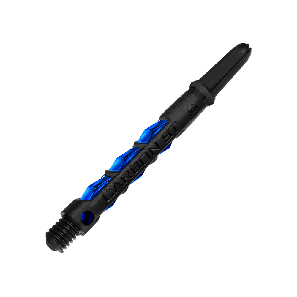 Das Bild zeigt einen Harrows Carbon ST Shafts in der Farbe Blau. Der Schaft hat ein modernes, schwarzes Design mit blauen Akzenten.