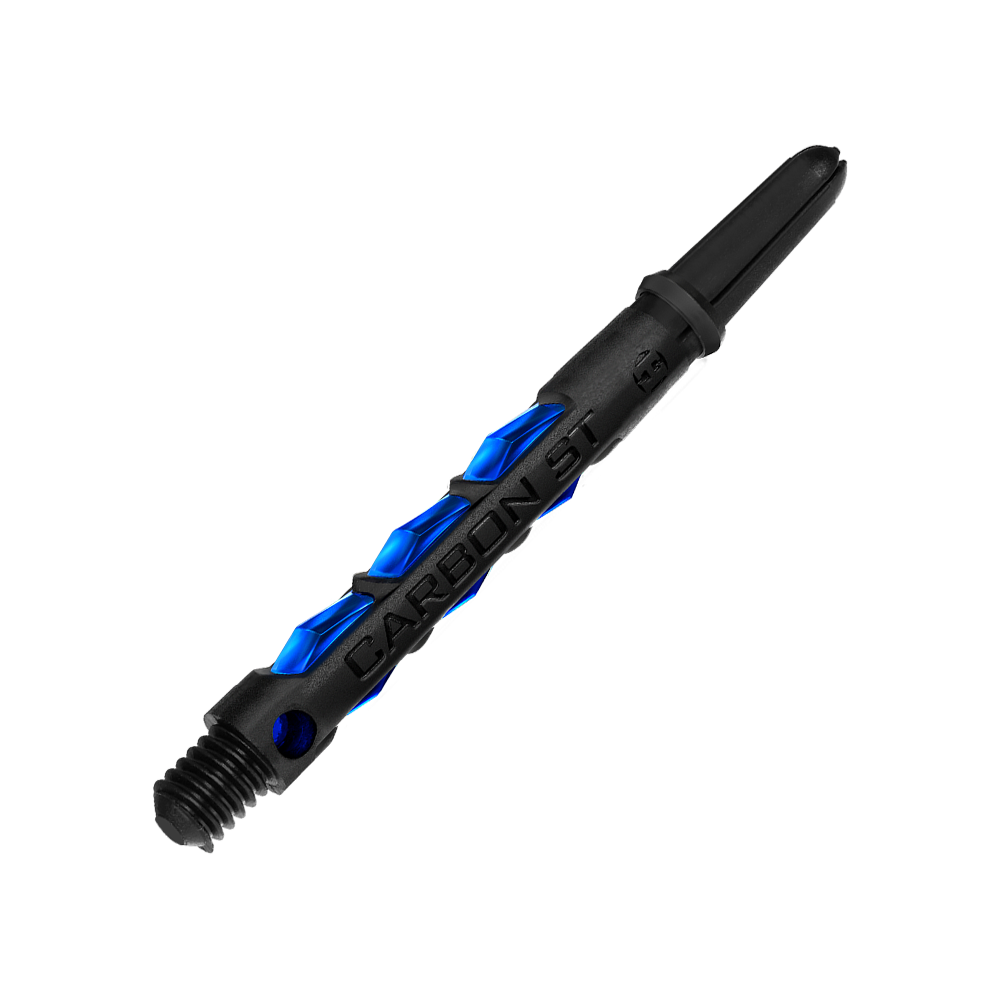 HR415_Harrows_Carbon_ST_Shafts_Blau_47mm_2 Das Bild zeigt einen Harrows Carbon ST Shafts in der Farbe Blau. Der Schaft hat ein modernes, schwarzes Design mit blauen Akzenten.