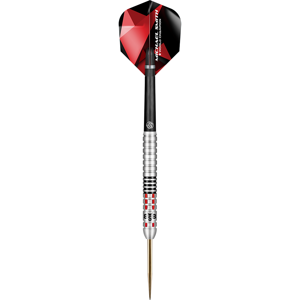 Shot Michael Smith Achieve Steeldarts Auf dem Bild ist ein Steeldartpfeil mit einem silbernen, schwarzen und roten Design zu sehen. Am Dartflight steht der Name "Michael Smith" und "World Champion".