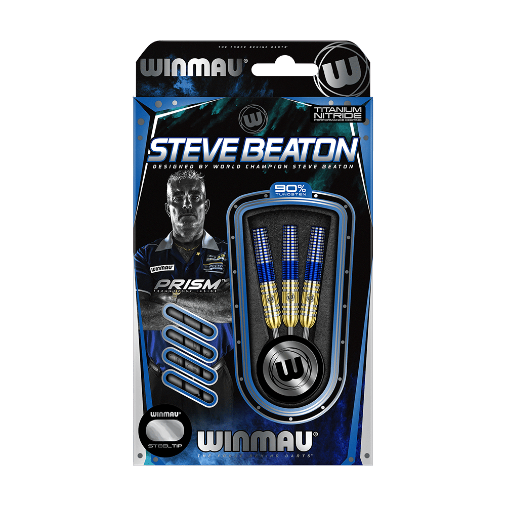 Das Bild zeigt eine Verpackung der "Winmau Steve Beaton Tungsten Steeldarts". Enthalten sind drei hochwertige Steeldarts mit 90% Tungsten und blauen Akzenten.