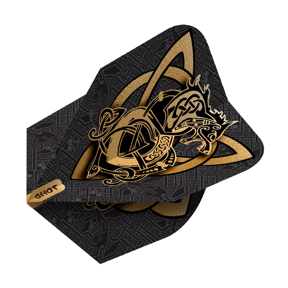 Shot Viking Wolf No6 Flights Das Bild zeigt die Shot Viking Wolf No6 Flights mit einem eindrucksvollen goldenen Wikinger-Wolf-Design auf schwarzem Hintergrund. Die Flights sind mit detailreichen, nordisch inspirierten Mustern verziert.