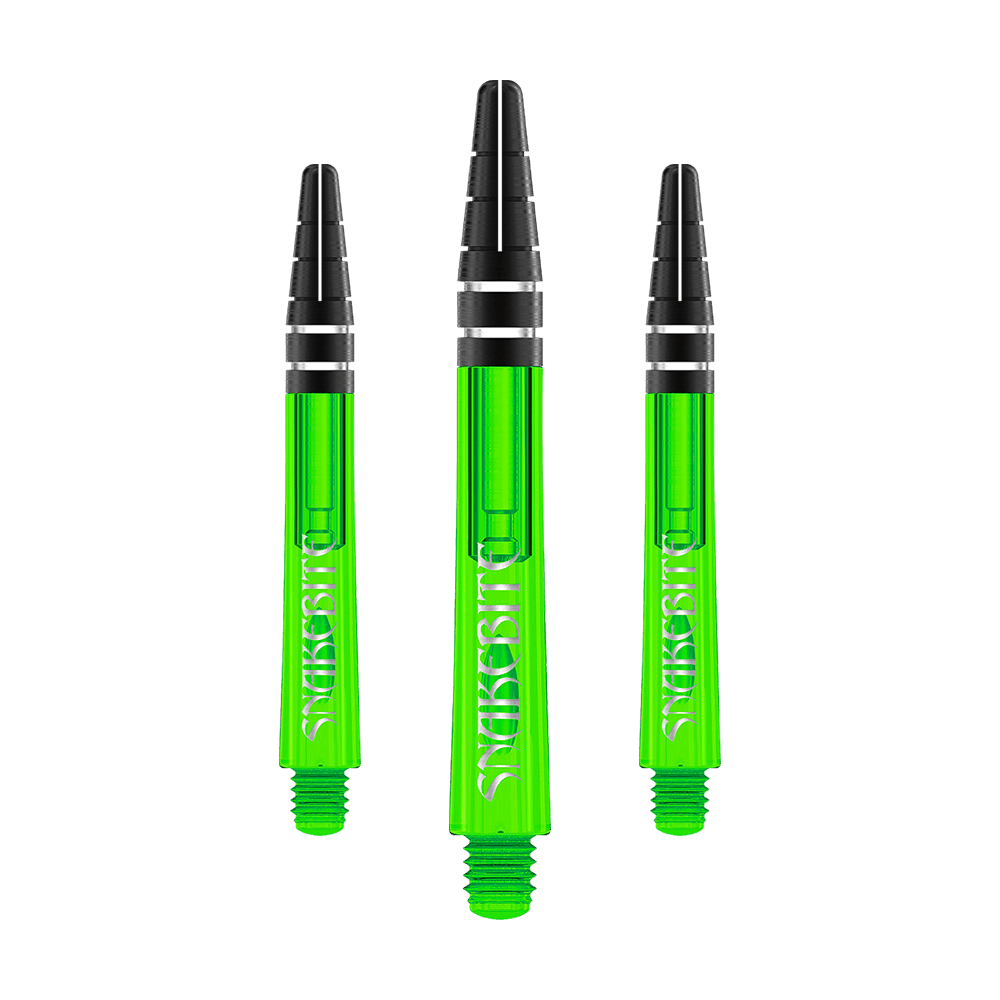 C645_Red_Dragon_Nitrotech_Peter_Wright_Green_Shafts_42mm_1UY5lBhiI2UEEr Das Bild zeigt drei grüne Dartschäfte mit schwarzer Spitze. Auf den Schäften steht das Wort "Snakebite" in weißer Schrift.