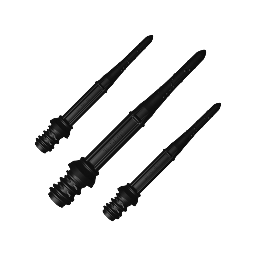 Das Bild zeigt drei schwarze L-Style Premium Lippoints mit einer Länge von 30 mm. Diese Spitzen sind Ersatzspitzen für Softdartpfeile und werden im 30er Pack angeboten.