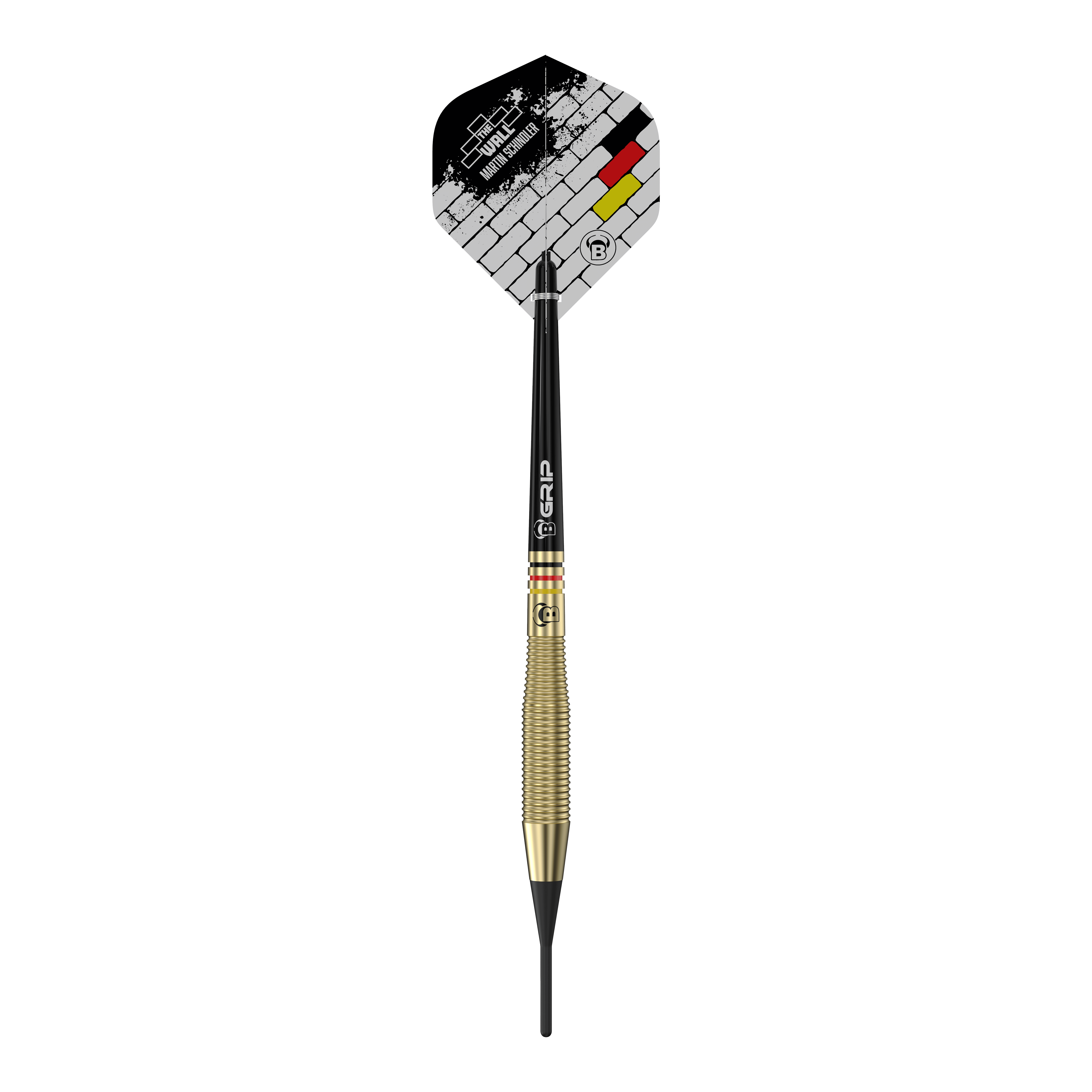 Bulls Martin Schindler The Wall Brass Softdarts - 18g Auf dem Bild ist der Softdart "Bulls Martin Schindler The Wall Brass Softdarts - 18g" zu sehen. Der Dart hat eine goldfarbene Griffzone und ein Flight-Design mit Mauer- und Deutschlandfarben.