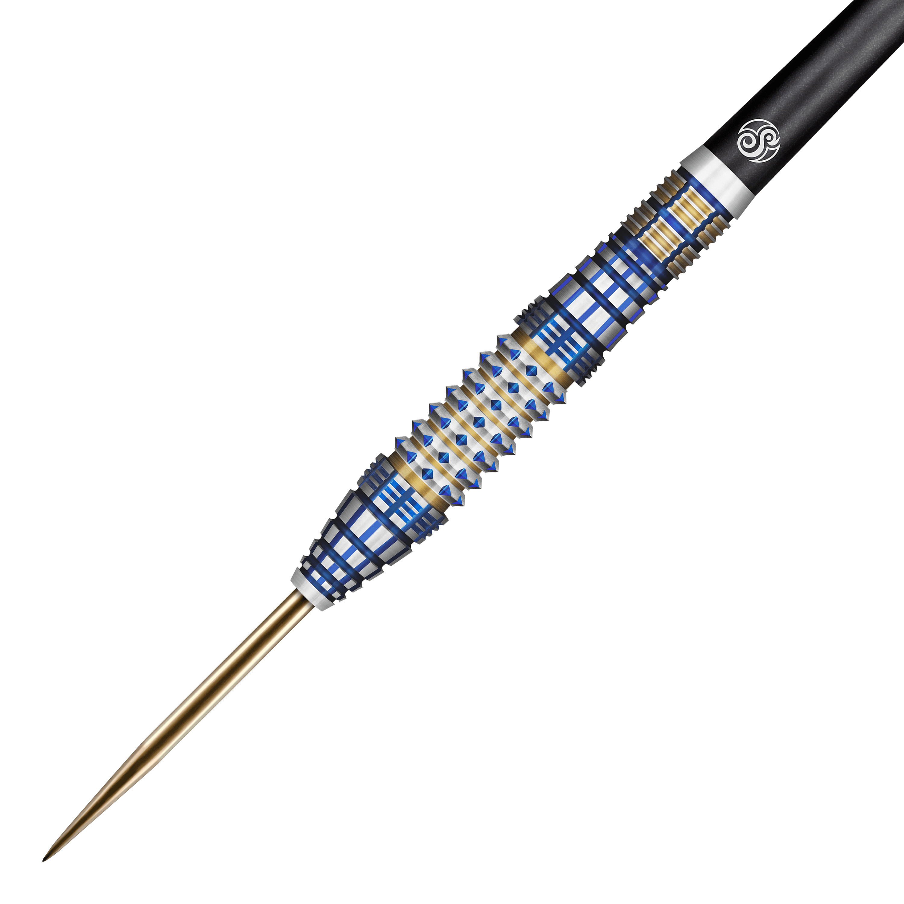 Das Bild zeigt einen Shot Future Knights Darkstar Steeldart mit einem Gewicht von 23g. Der Dart hat ein auffälliges Design mit goldenen, blauen und silbernen Rillen.