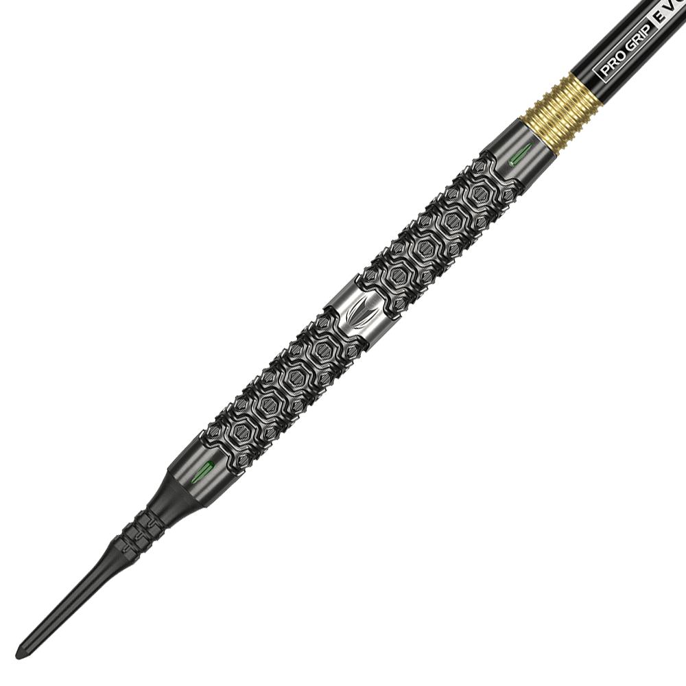 Das Bild zeigt einen Softdartpfeil mit einem schwarzen, detaillierten Griffteil und einer goldenen Verbindung. Auf dem Schaft steht „PRO GRIP EVOLUTION“.